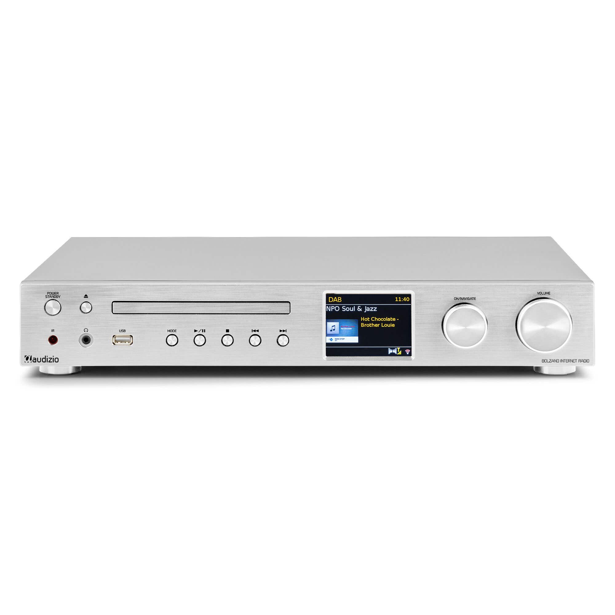 Reproductor de CD de radio por Internet plateado con pantalla, botones y puerto USB.