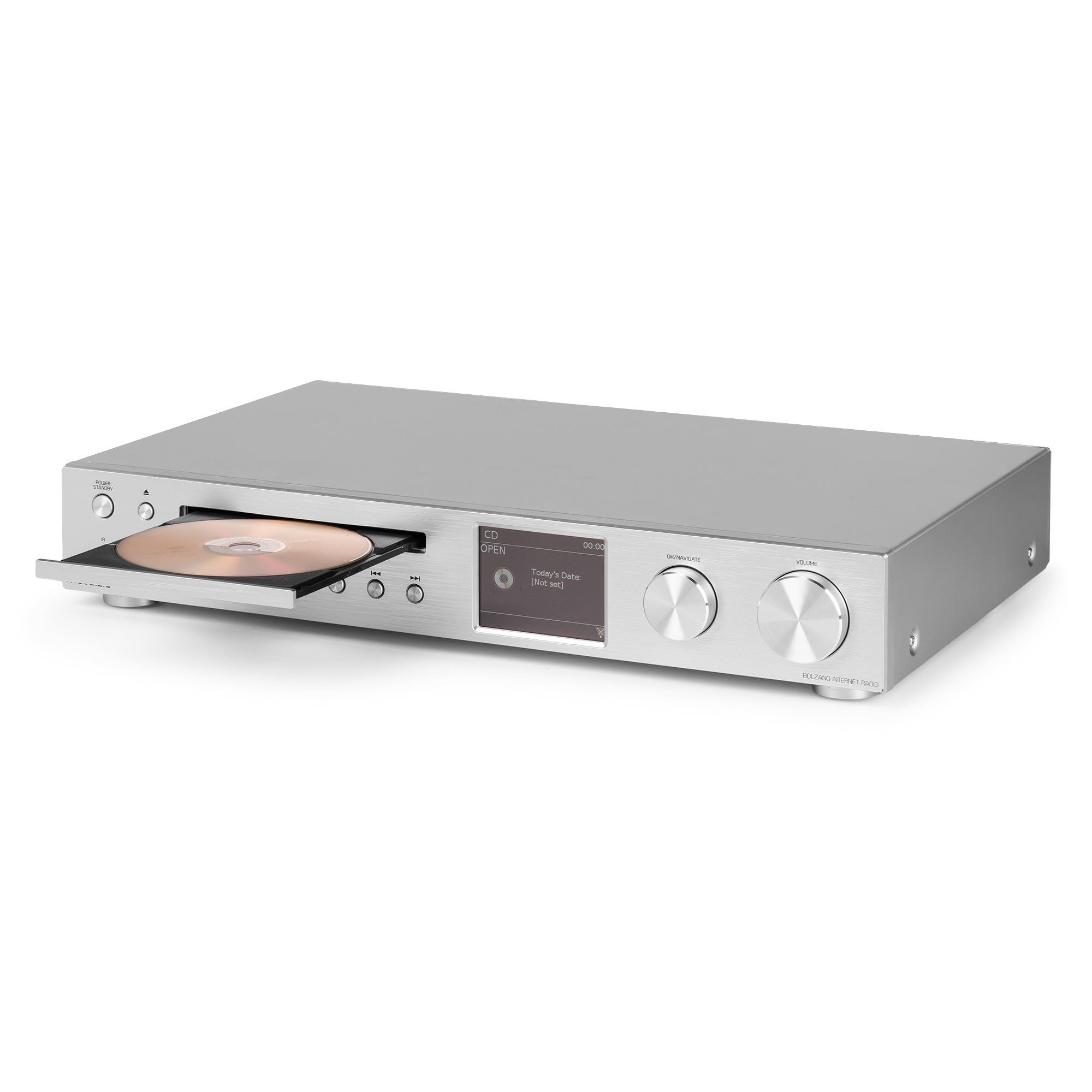 Reproductor de CD plateado con CD insertado, pantalla y botones.