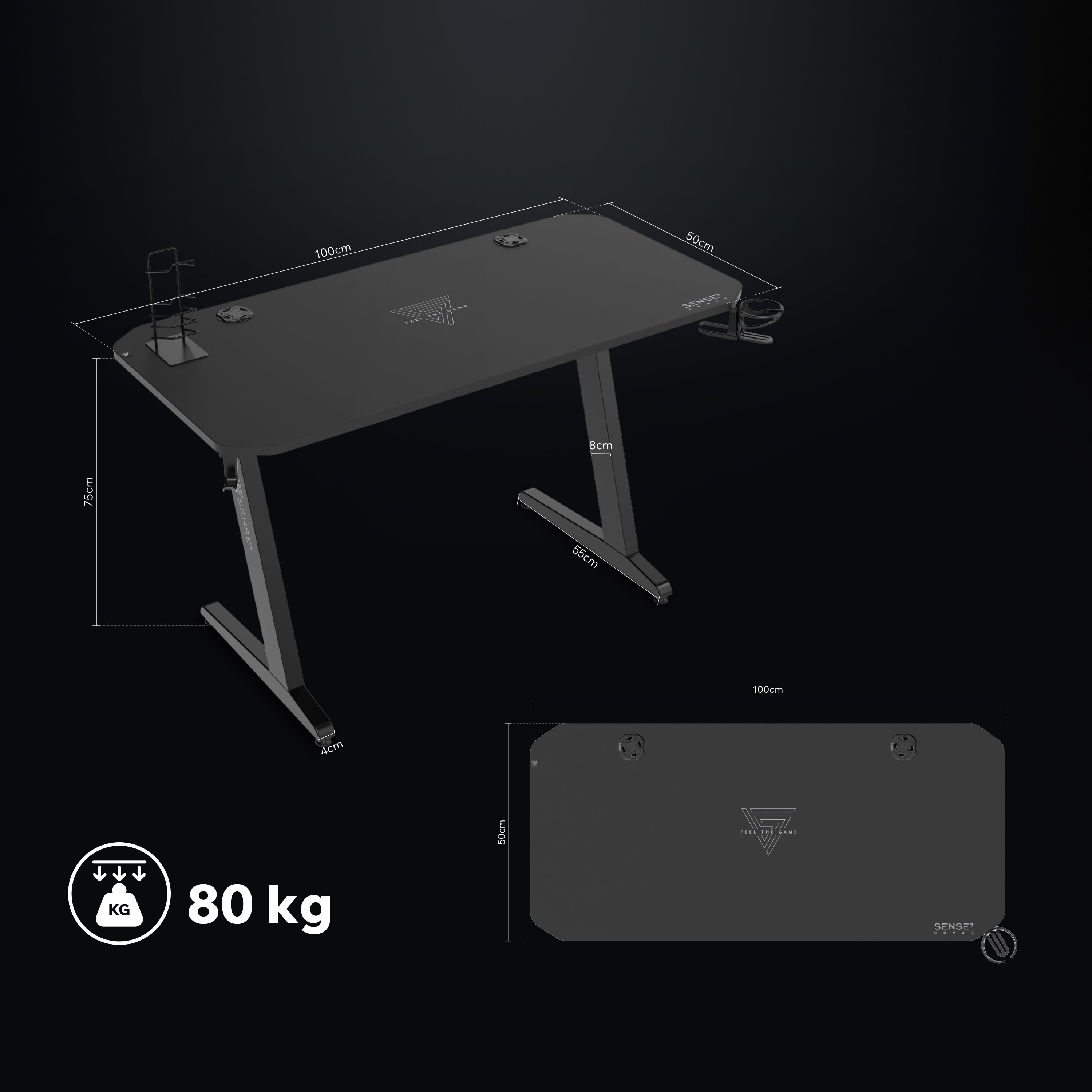 Zwarte gaming bureau met afmetingen: 100x50x75cm, 80kg draagkracht.