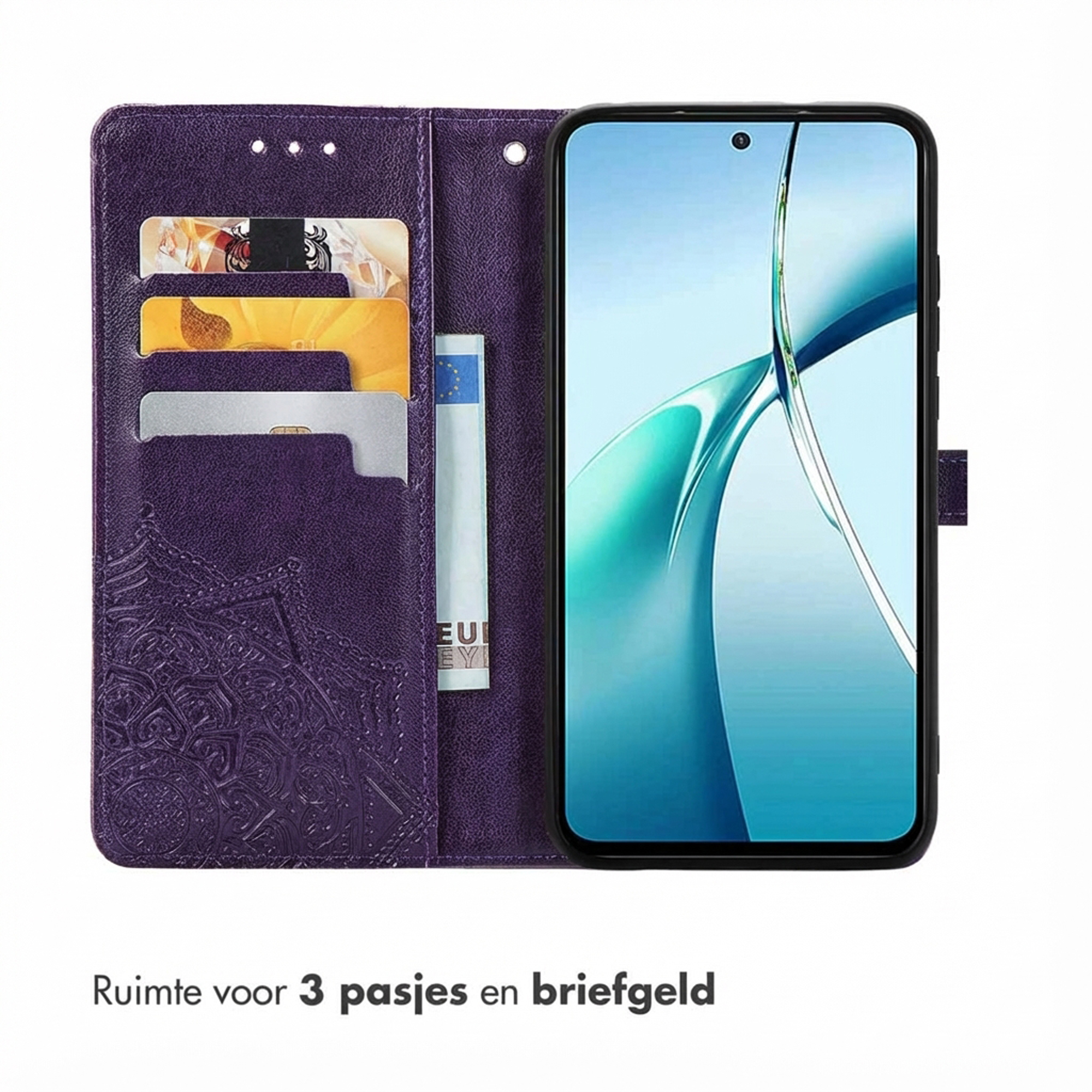 Étui portefeuille violet pour téléphone avec fentes pour cartes et compartiment billets.