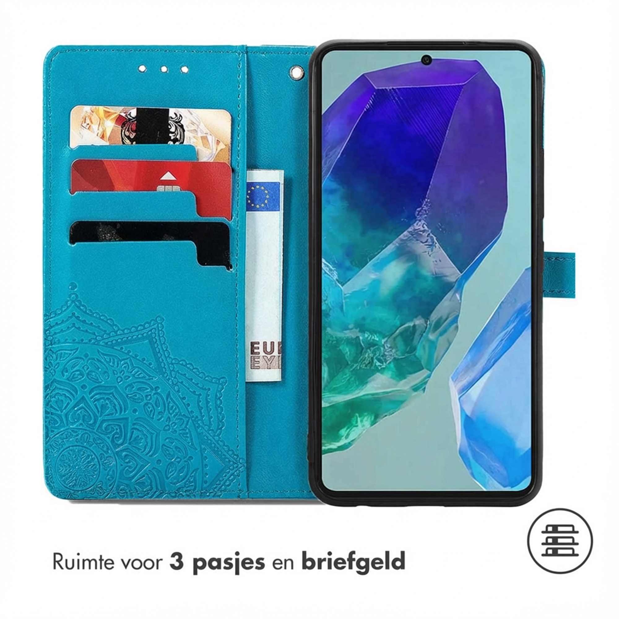 Een turquoise telefoonhoes met kaarthouders en geldvak. Inclusief telefoon.