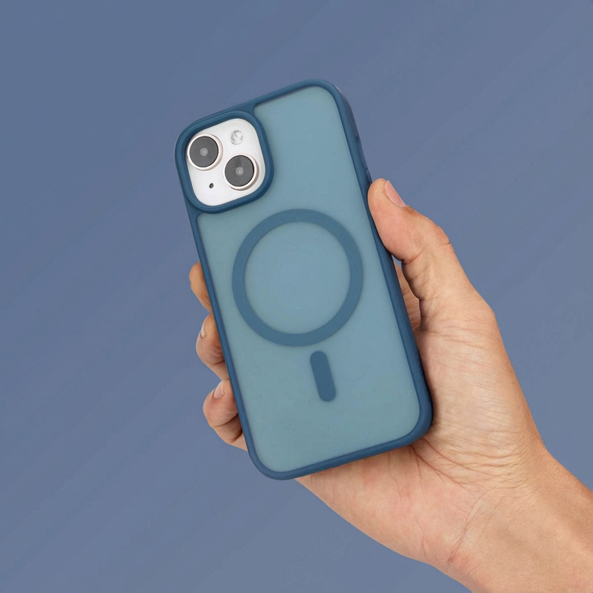 A hand holds a blue phone with two cameras and a circular design.