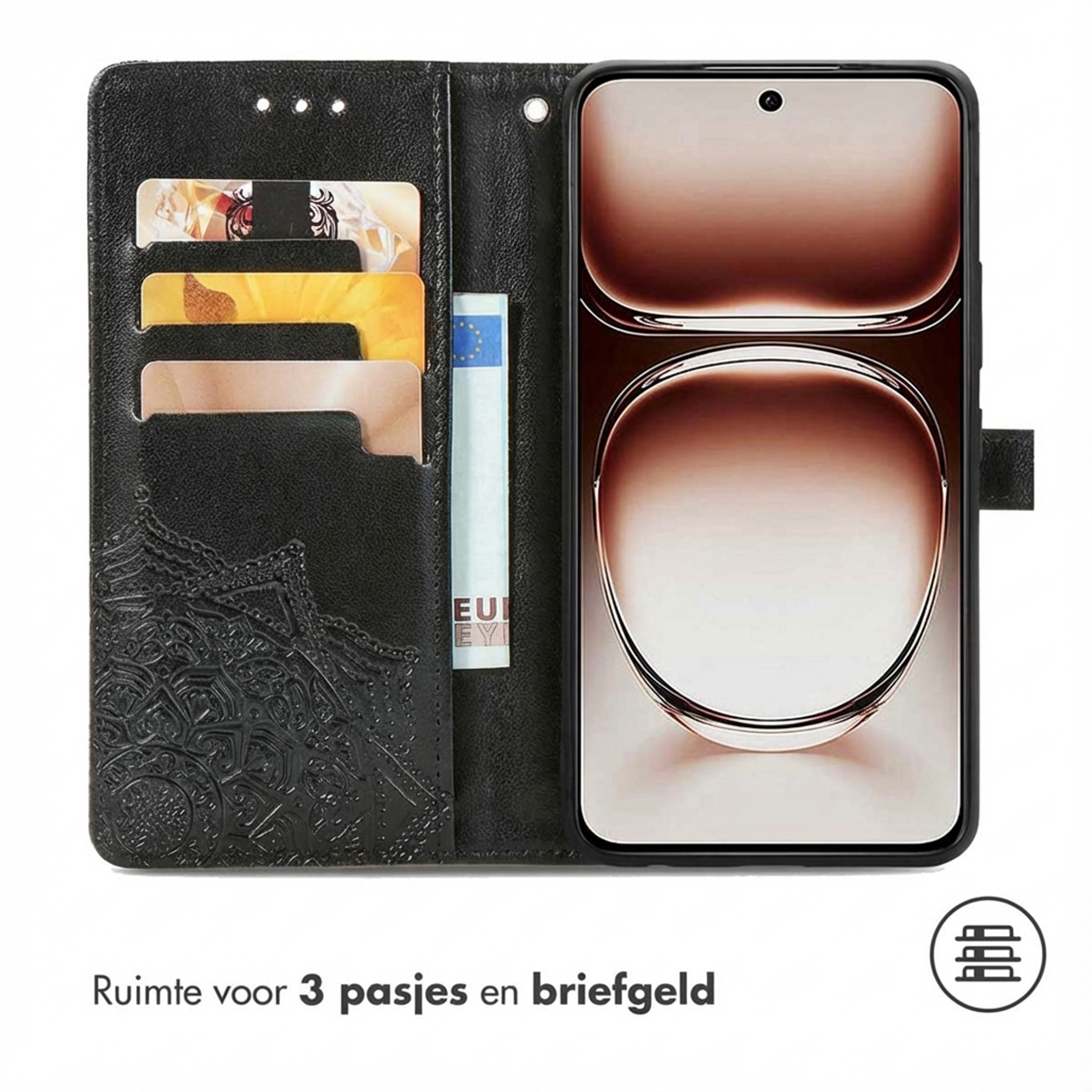 Étui de téléphone noir avec fentes pour cartes et portefeuille. Écran du téléphone visible.