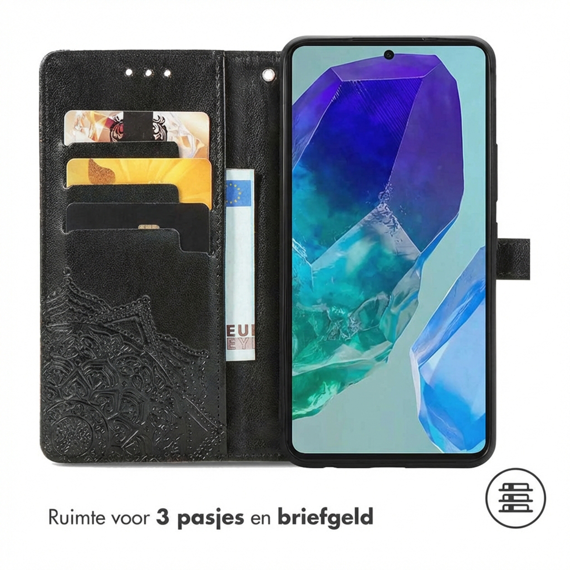 Zwarte telefoonhoes met kaartsleuven en een eurobiljet. Scherm toont een blauw kristalontwerp.