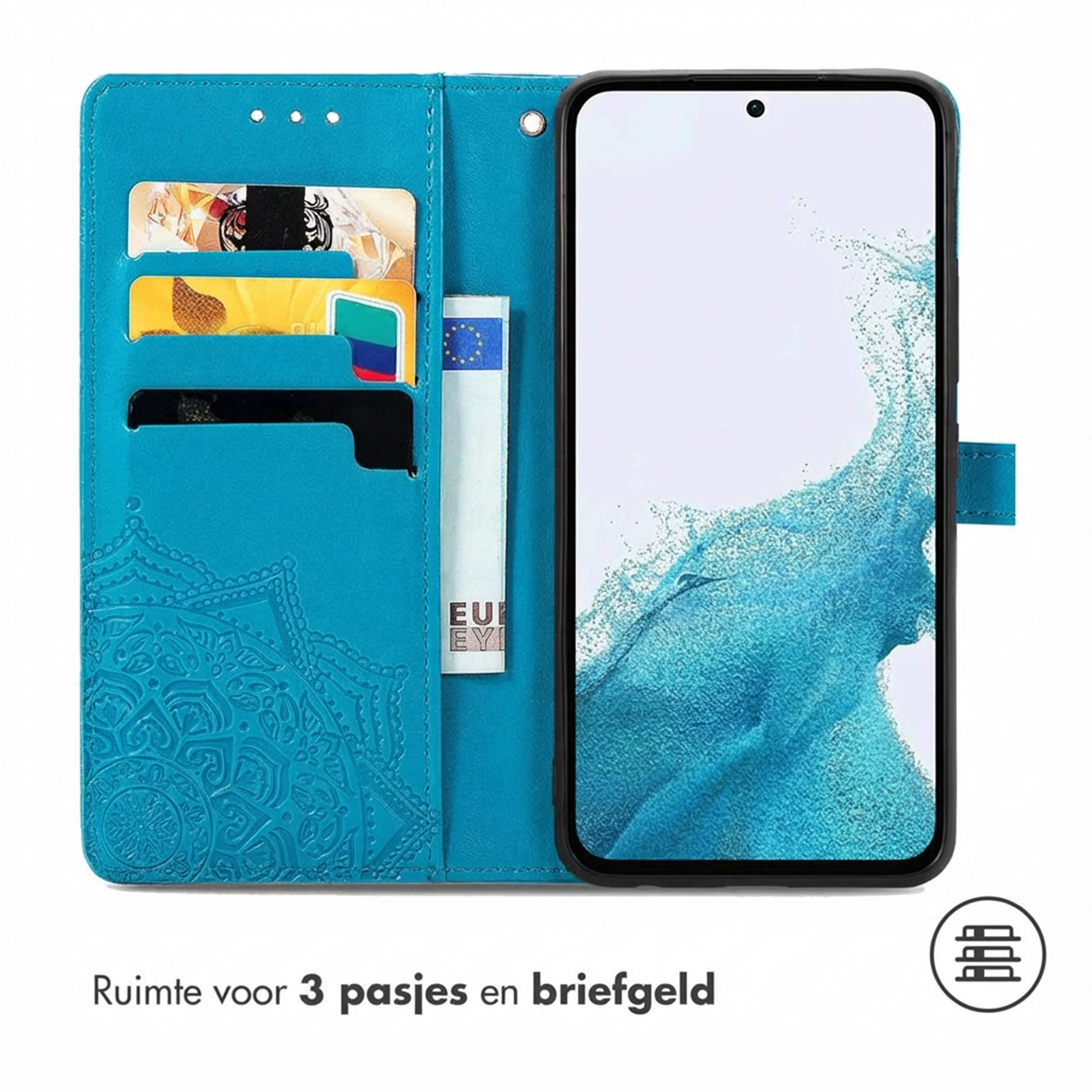 Un étui de téléphone turquoise avec des fentes pour cartes et un support.