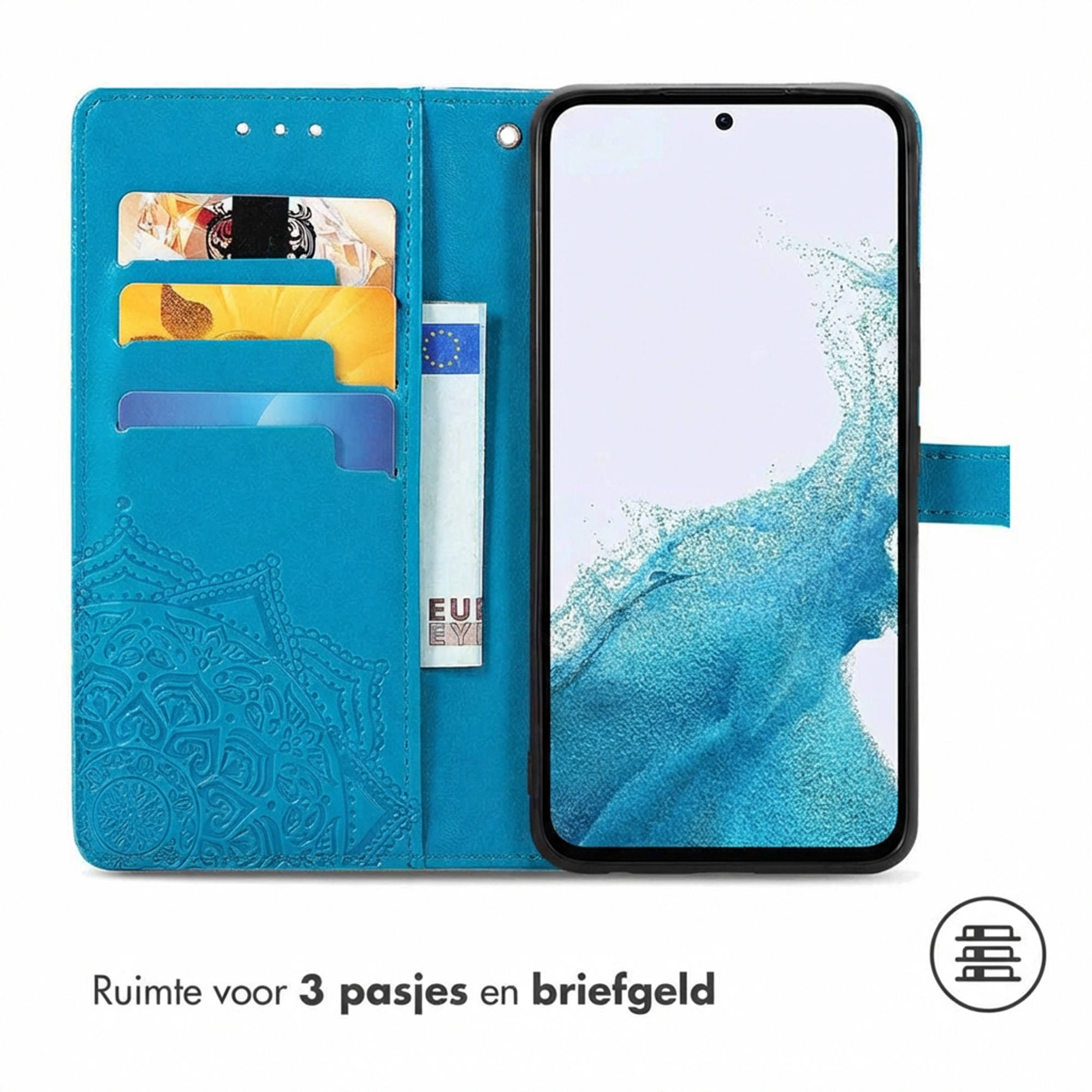 Een blauwe flip telefoonhoes met kaartsleuven en een telefoon.