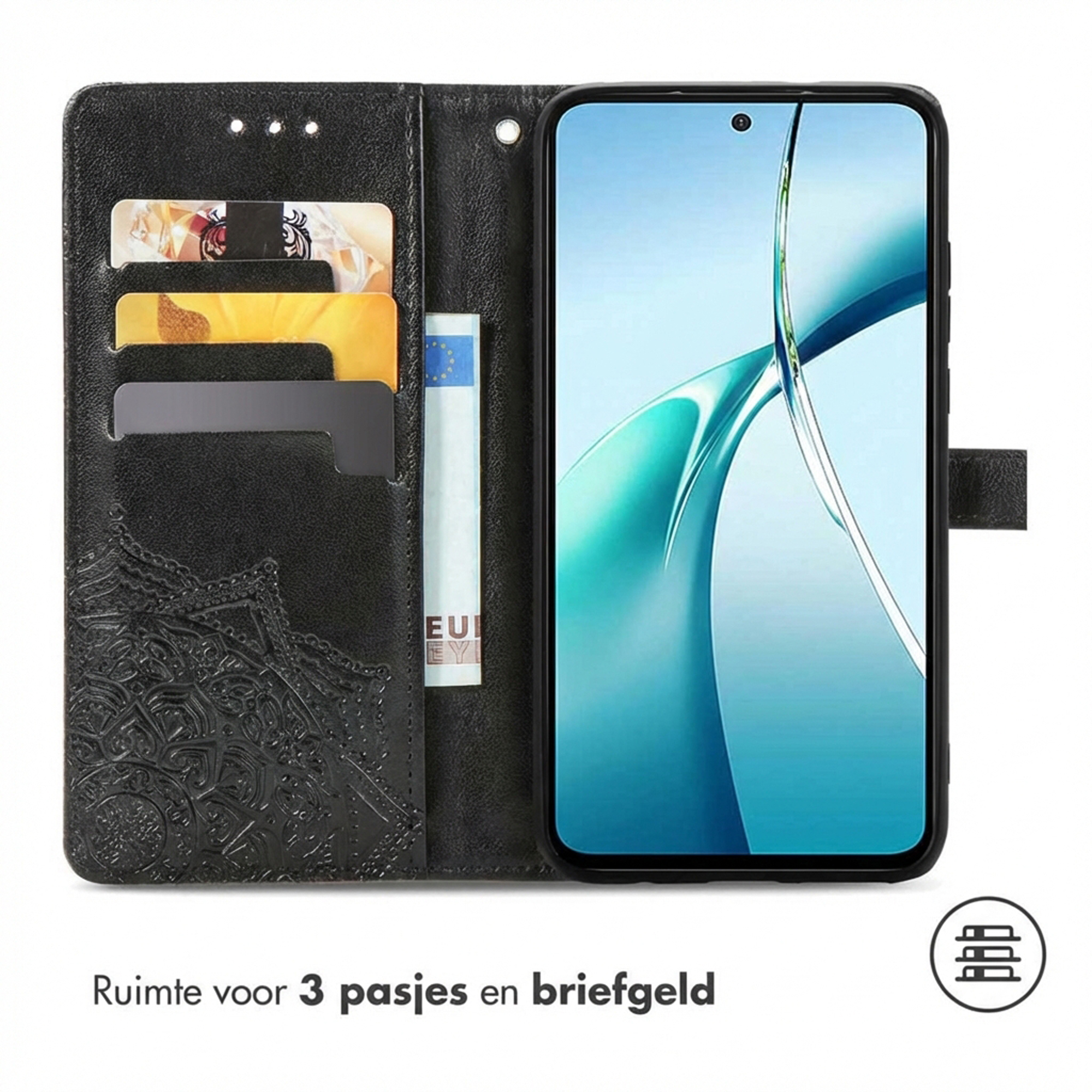 Étui portefeuille noir avec téléphone, fentes pour cartes et compartiment.