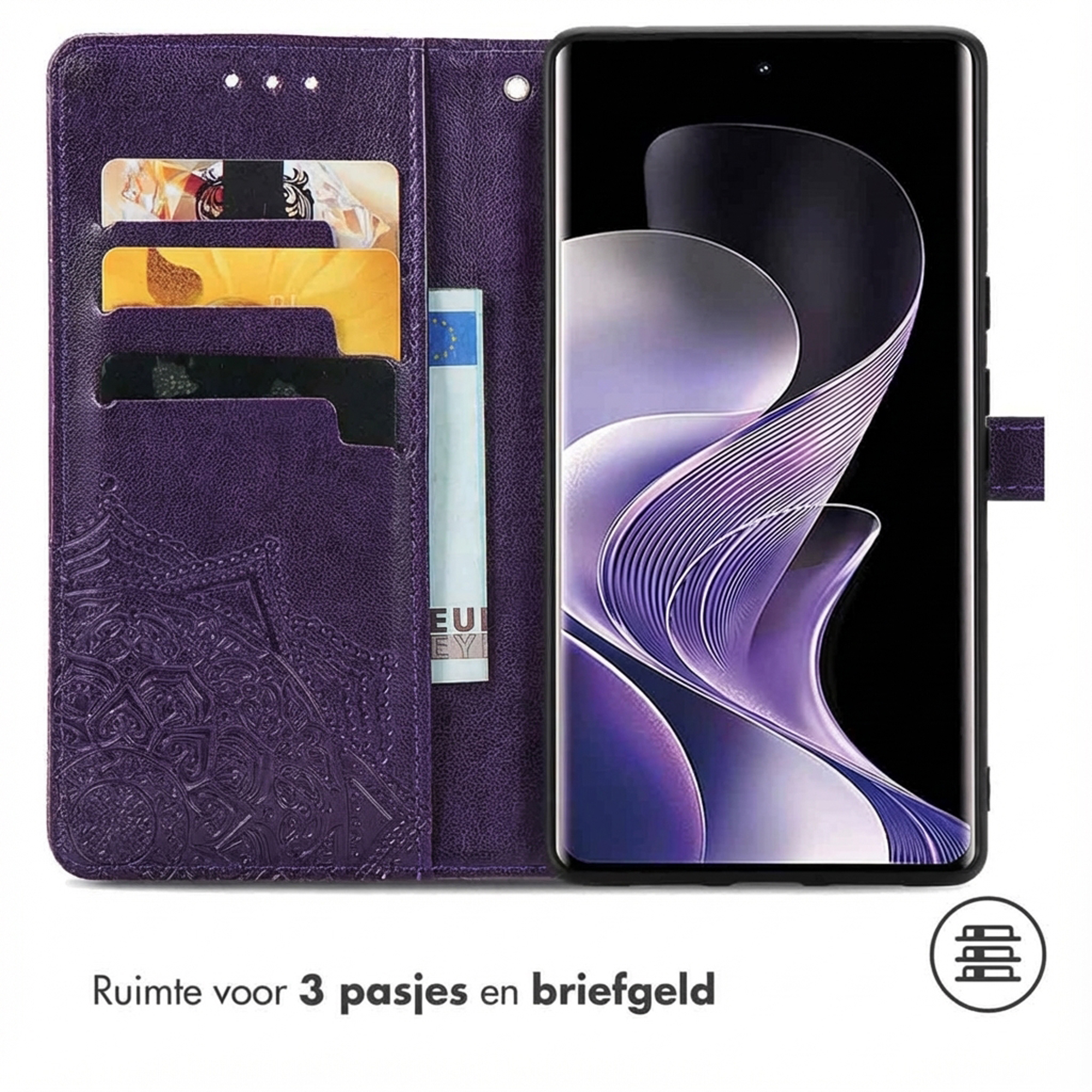 Paarse telefoonhoes met kaarthouders en geldvak, met een smartphone.