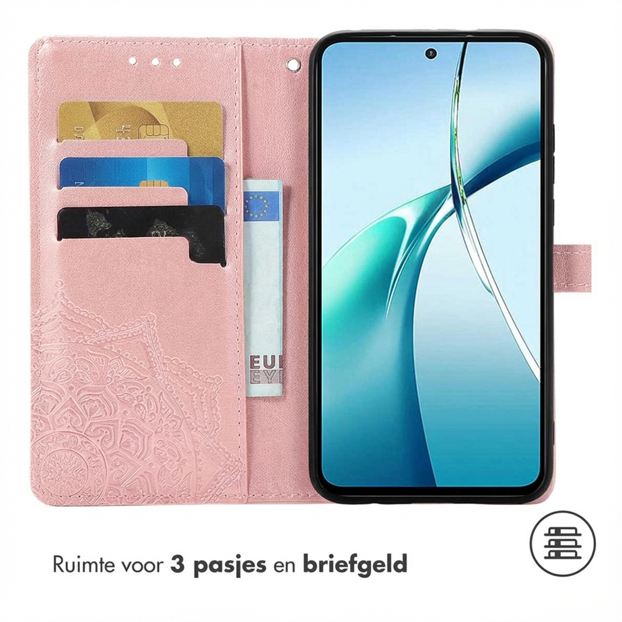 Roze telefoonhoesje met kaarthouders en geldvak, geopend met telefoon.