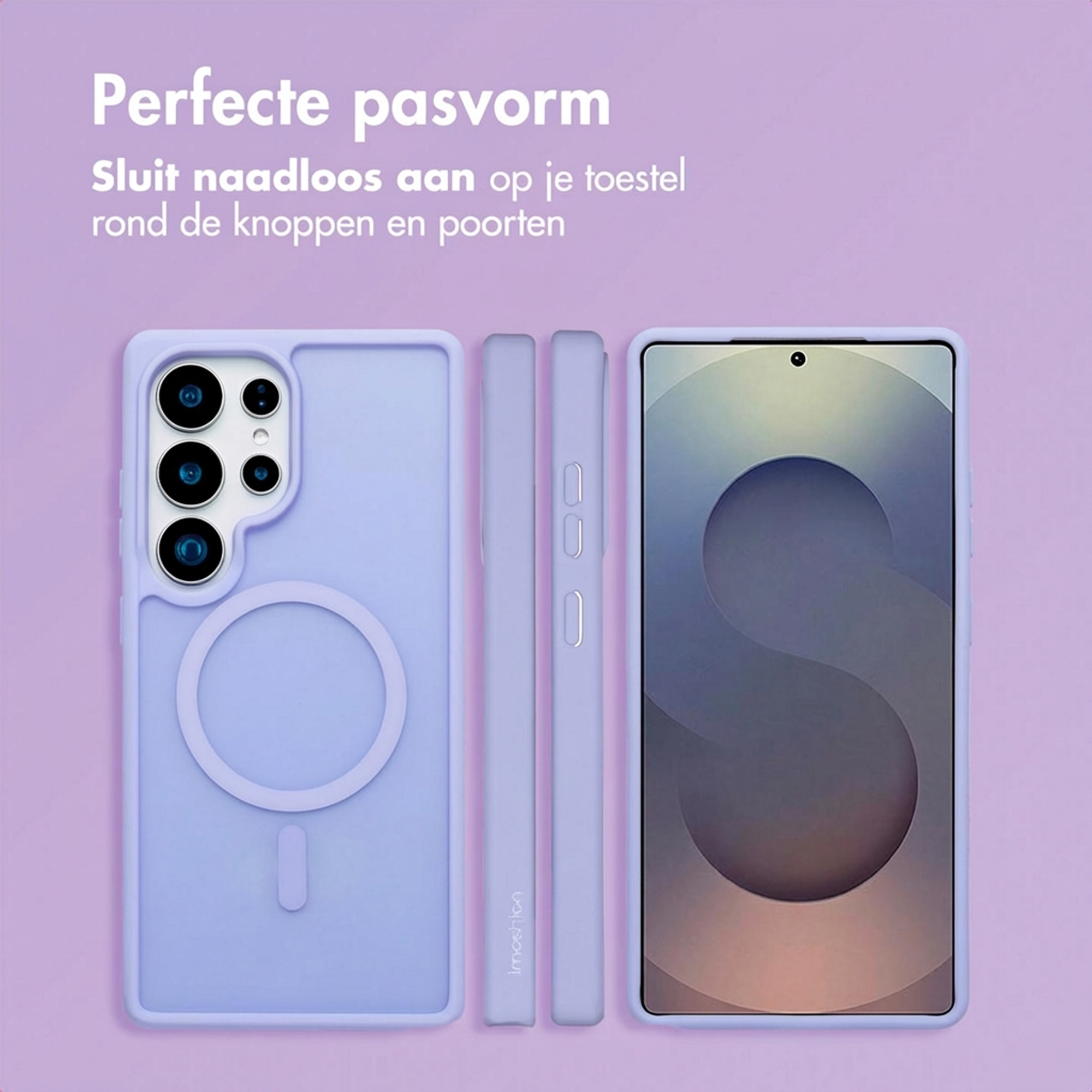 Coque de téléphone lavande et un téléphone avec un motif à l'écran.