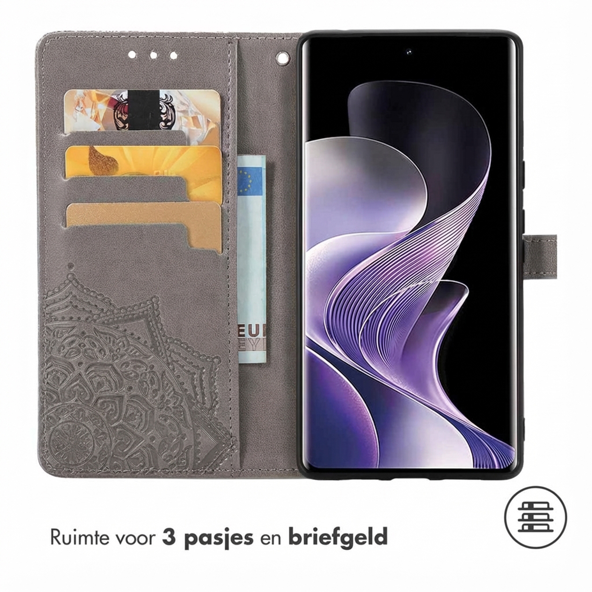 Étui de téléphone gris avec fentes pour cartes et un téléphone aux graphiques violets.