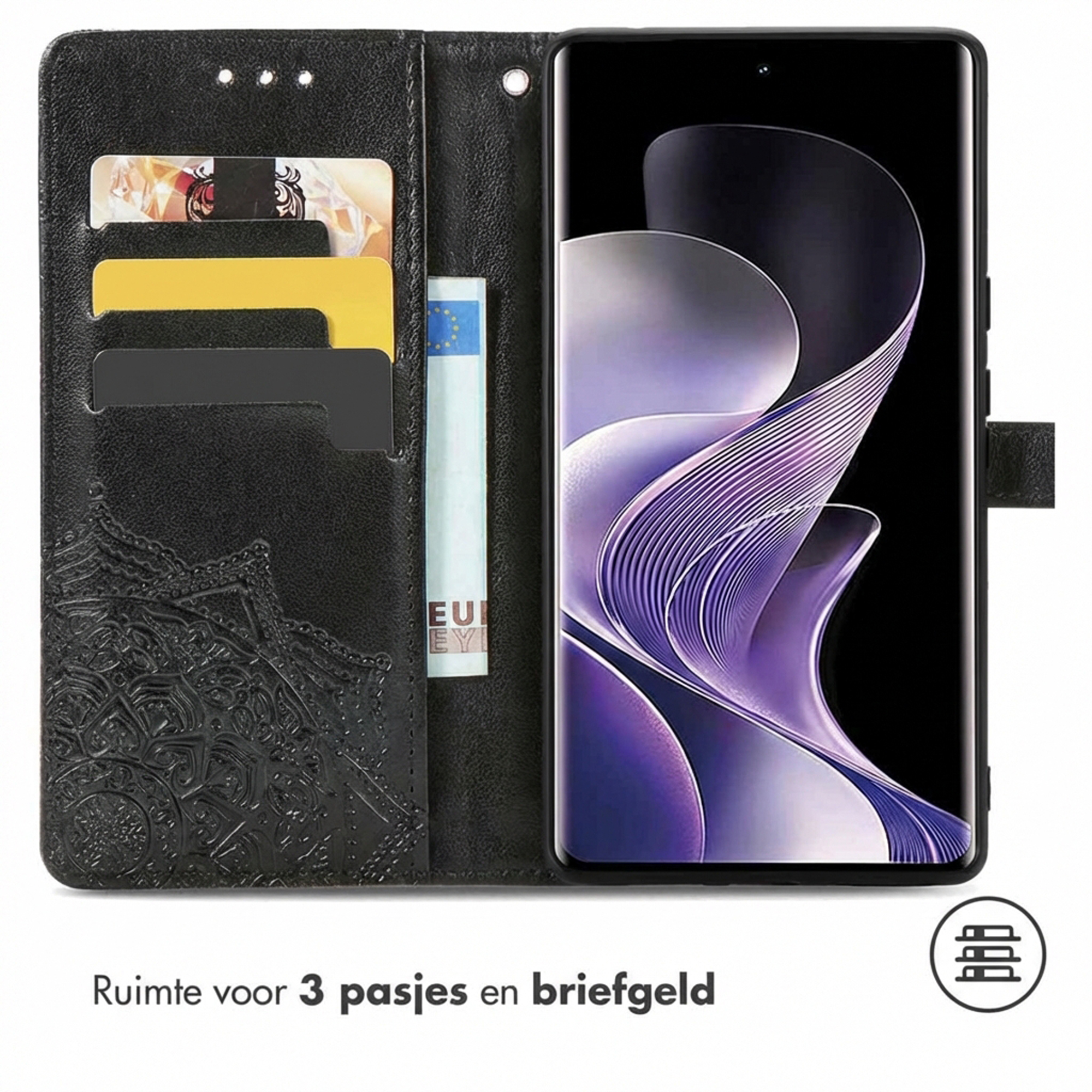 Zwart telefoonhoesje met kaarthouders en geldvak. Telefoon met paars patroon.