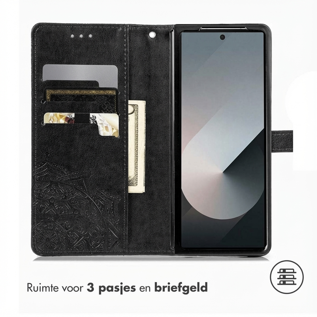 Étui portefeuille noir pour téléphone avec fentes pour cartes et poche à billets. Téléphone inséré.