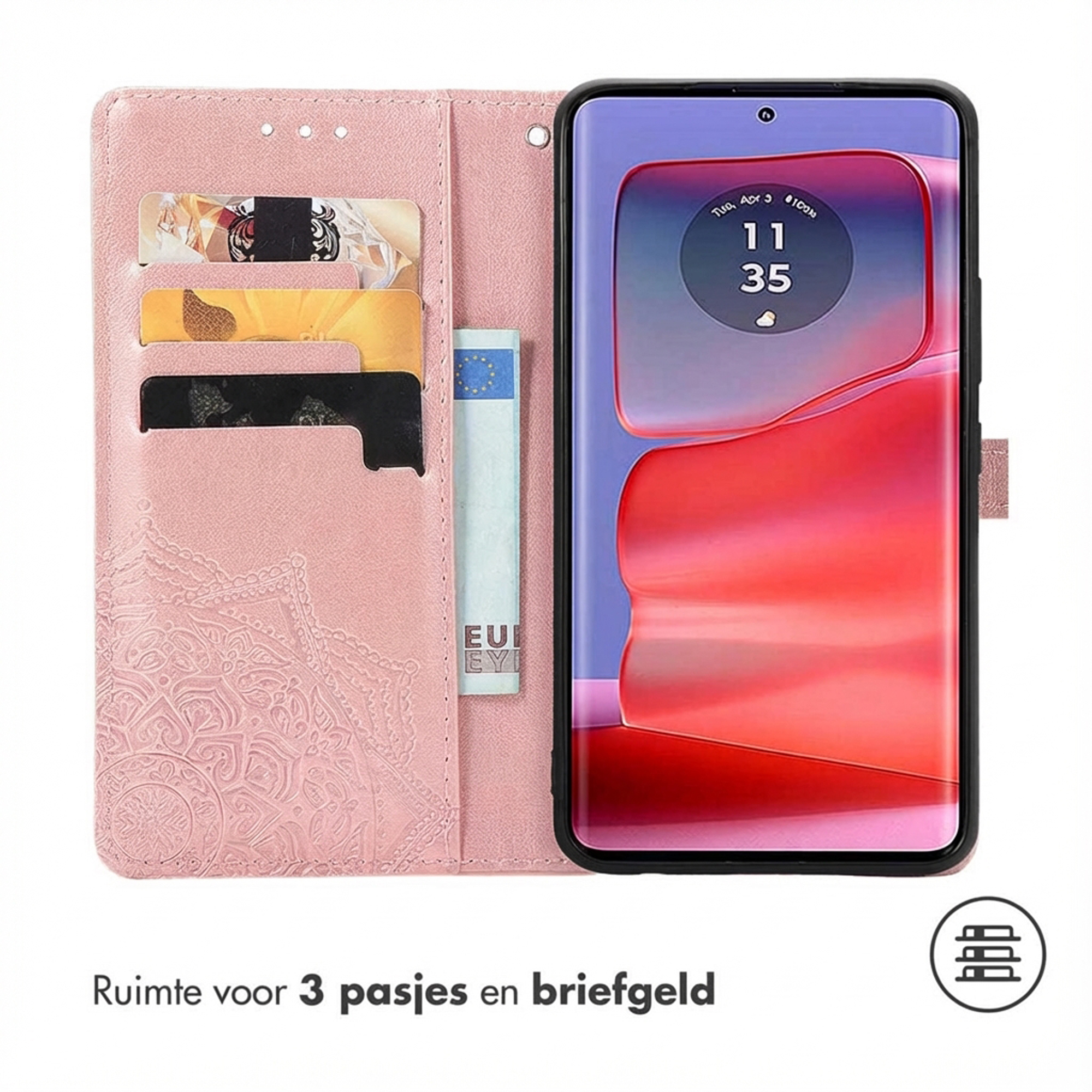 Roze telefoonhoes met kaarthouders, eurobiljet en smartphone display.