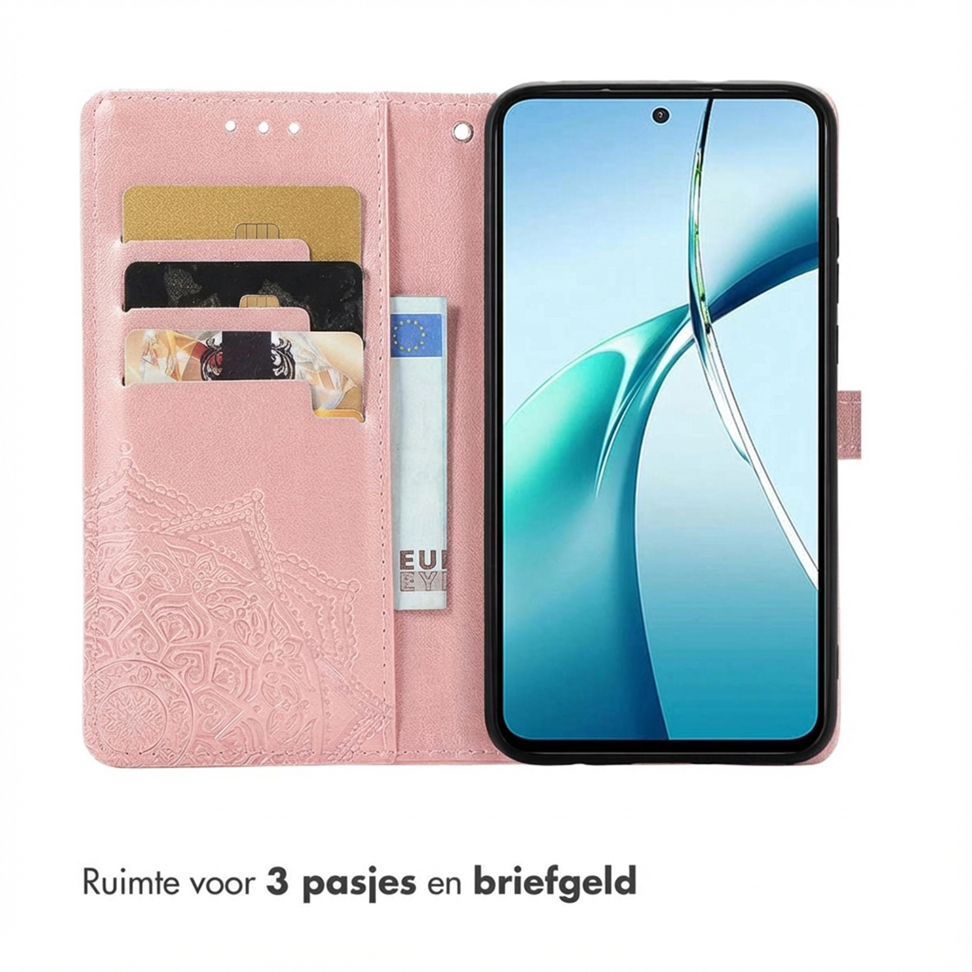 Étui de téléphone rose avec fentes pour cartes et un téléphone. Motif de mandala.