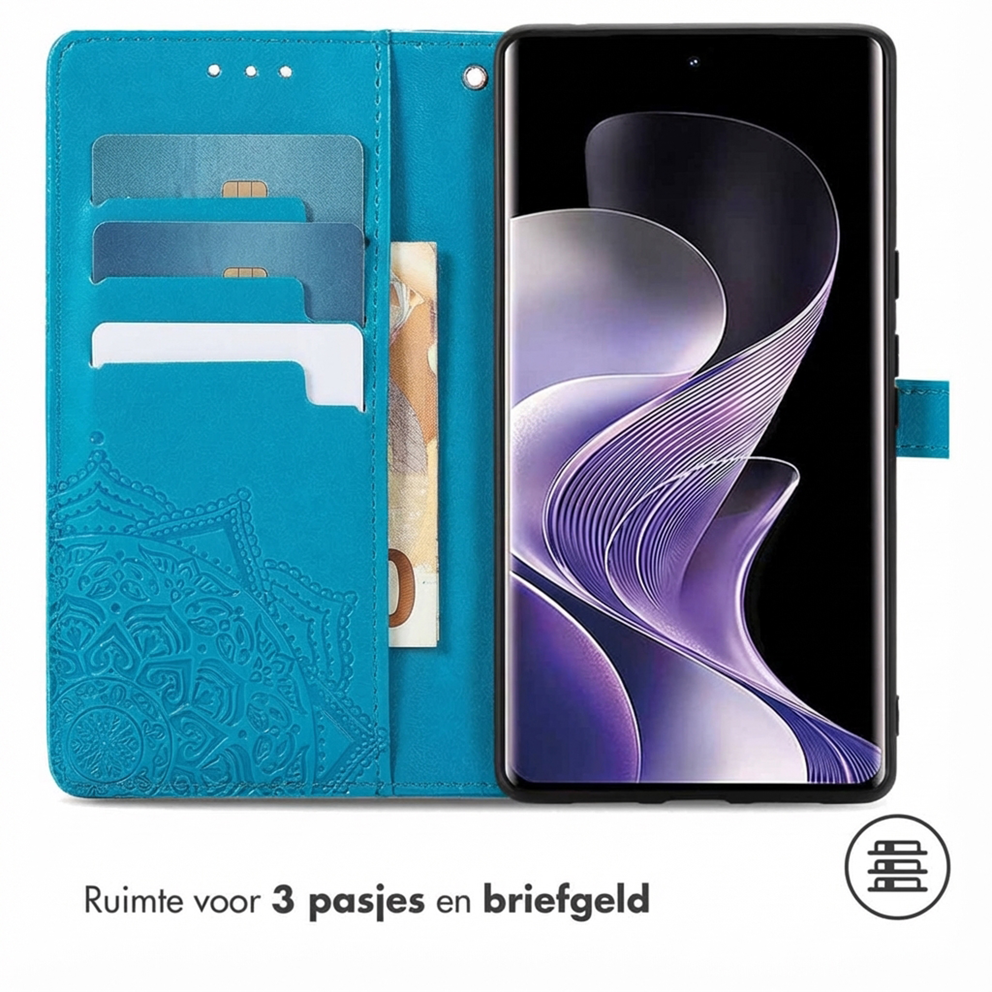 Blauw telefoonhoesje met kaartsleuven en telefoon. Met mandala-patroon.