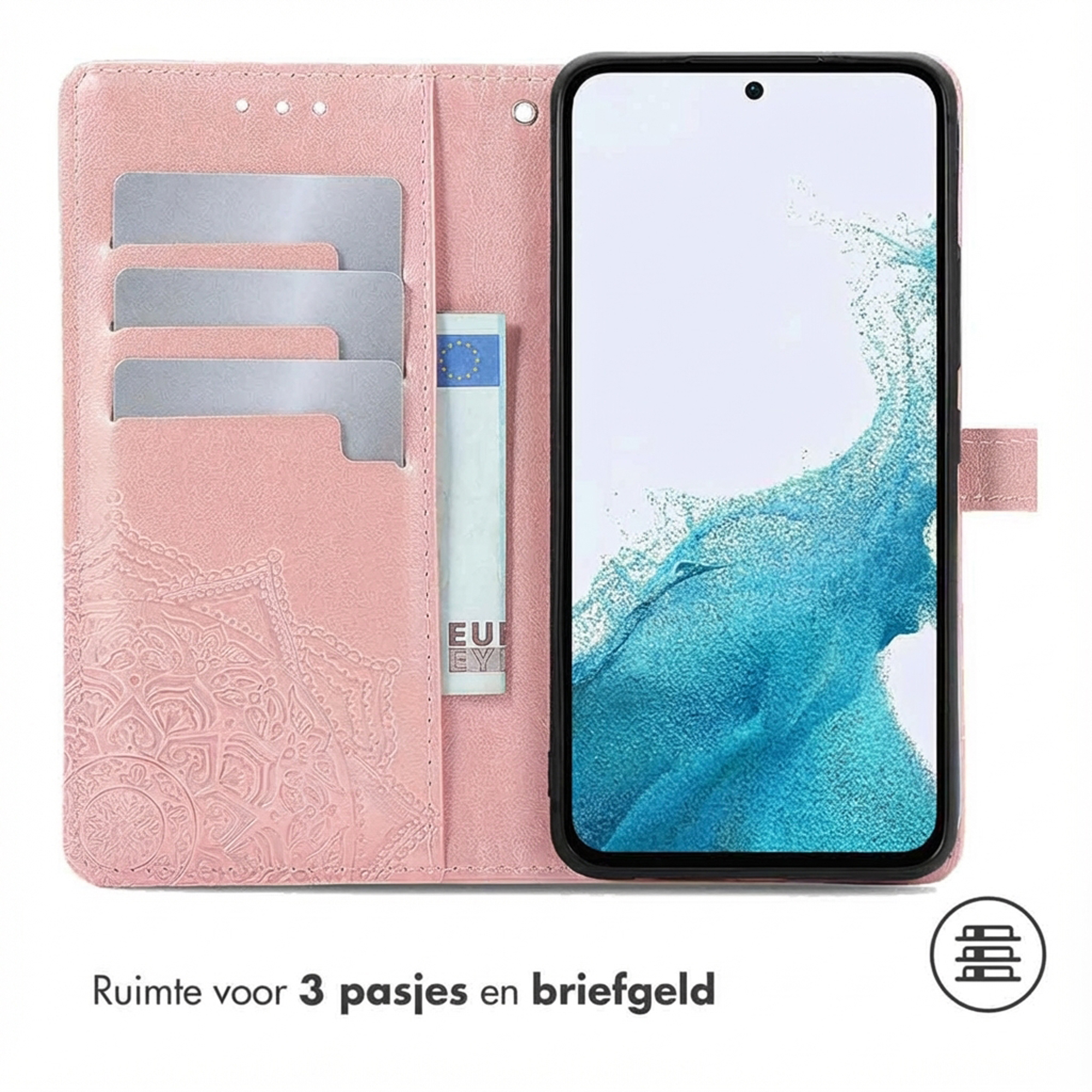 Een roze portemonnee met kaartsleuven en een telefoon.