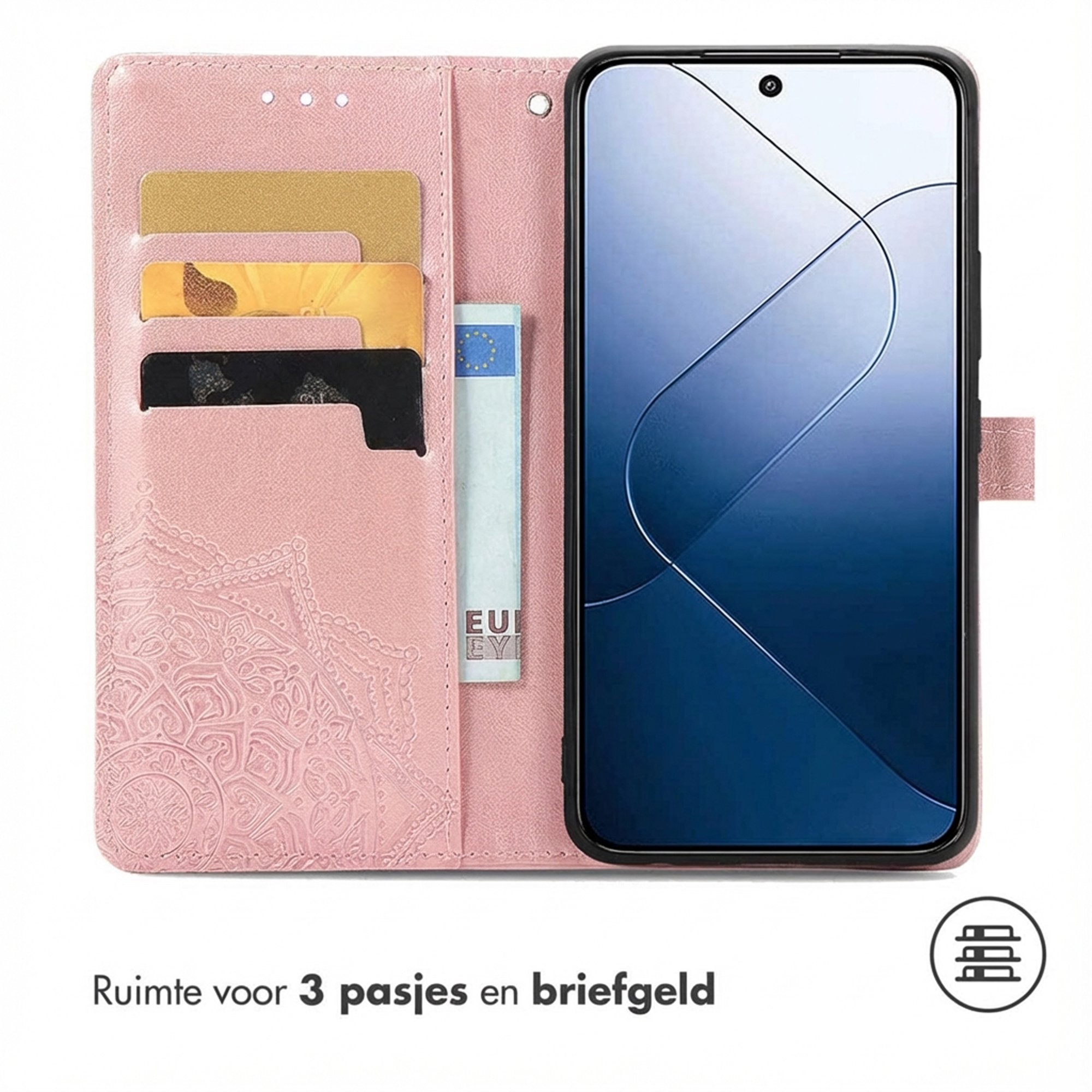 Een roze telefoonhoes met kaarthouders en een bankbiljet.
