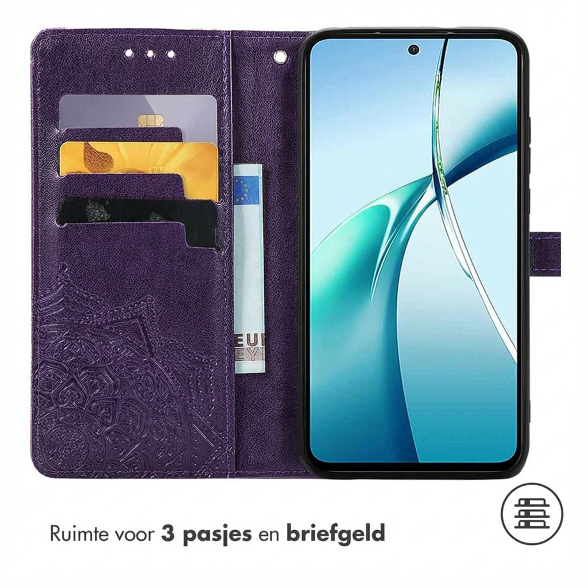 Custodia viola per telefono con slot per carte e porta banconote. Uno smartphone accanto.