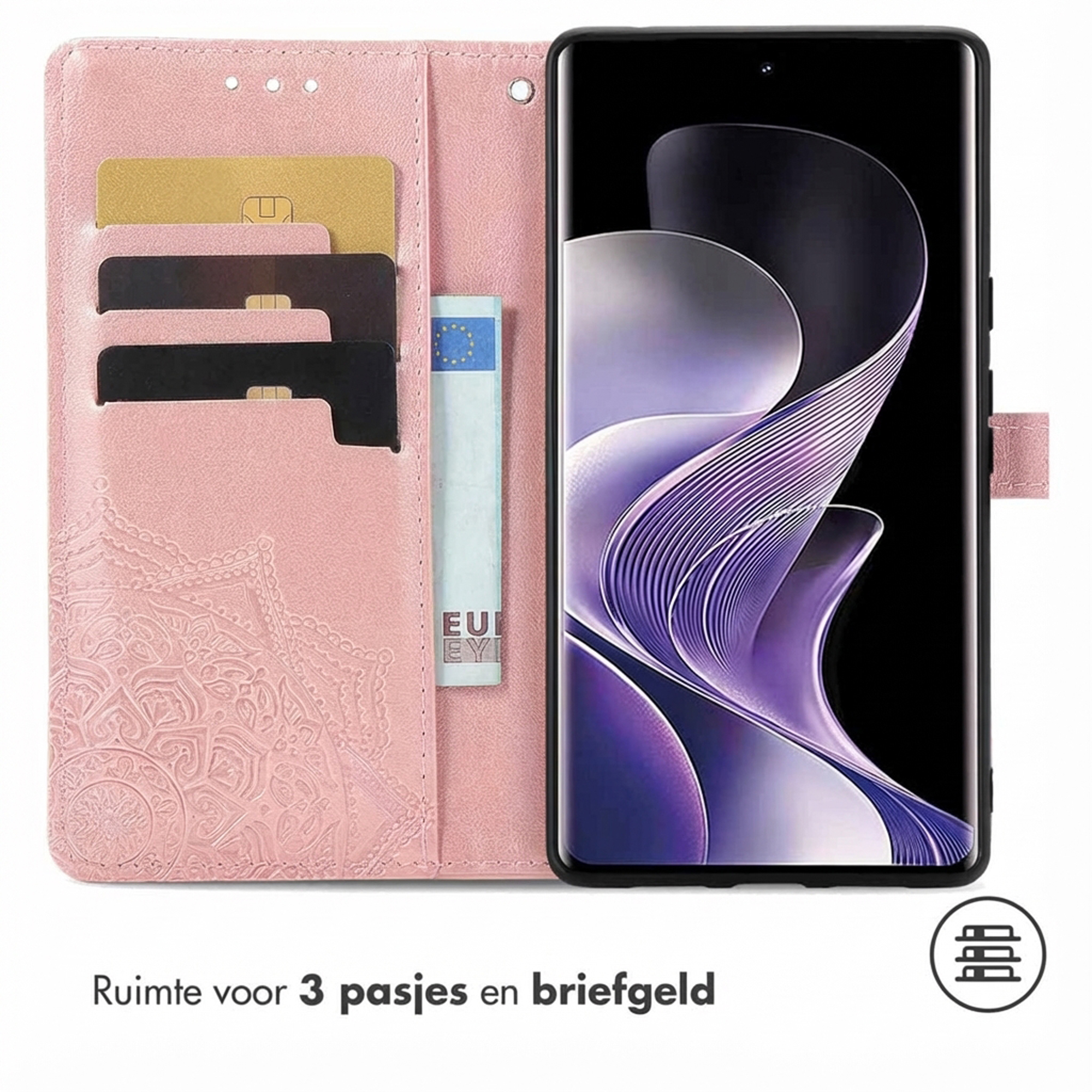 Un étui de téléphone rose avec des fentes pour cartes et un téléphone à fond violet.