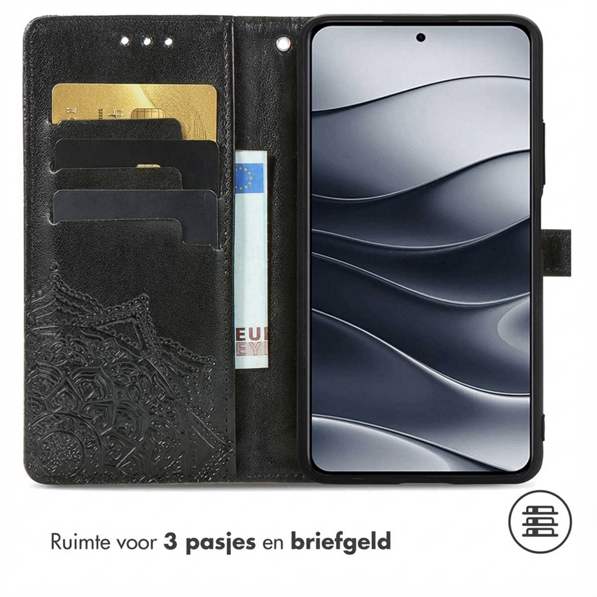 Zwarte telefoonhoes met kaartsleuven en geldvak met eurobiljet.