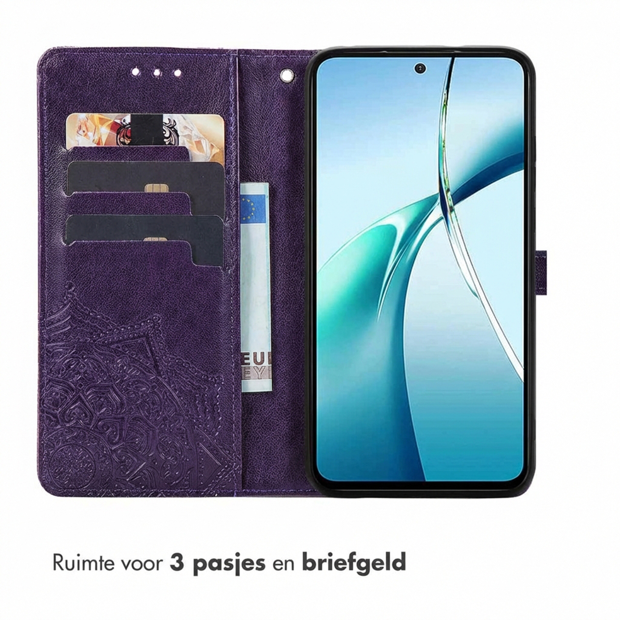 Paarse telefoonhoes met kaarthouders en vak voor briefgeld, toont smartphone.