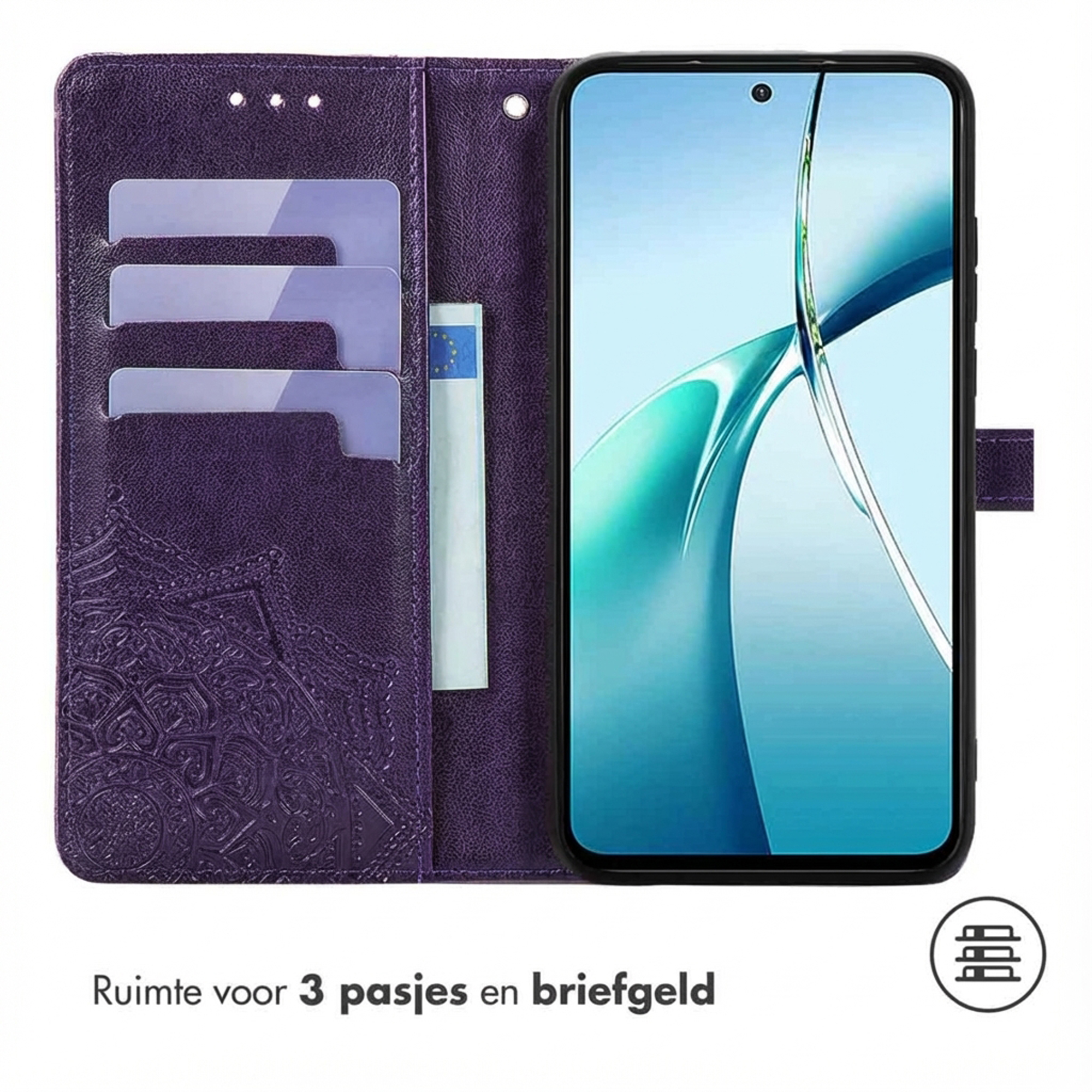 Paarse telefoonhoes met kaarthouders en een geldvak. Hiernaast een smartphone.