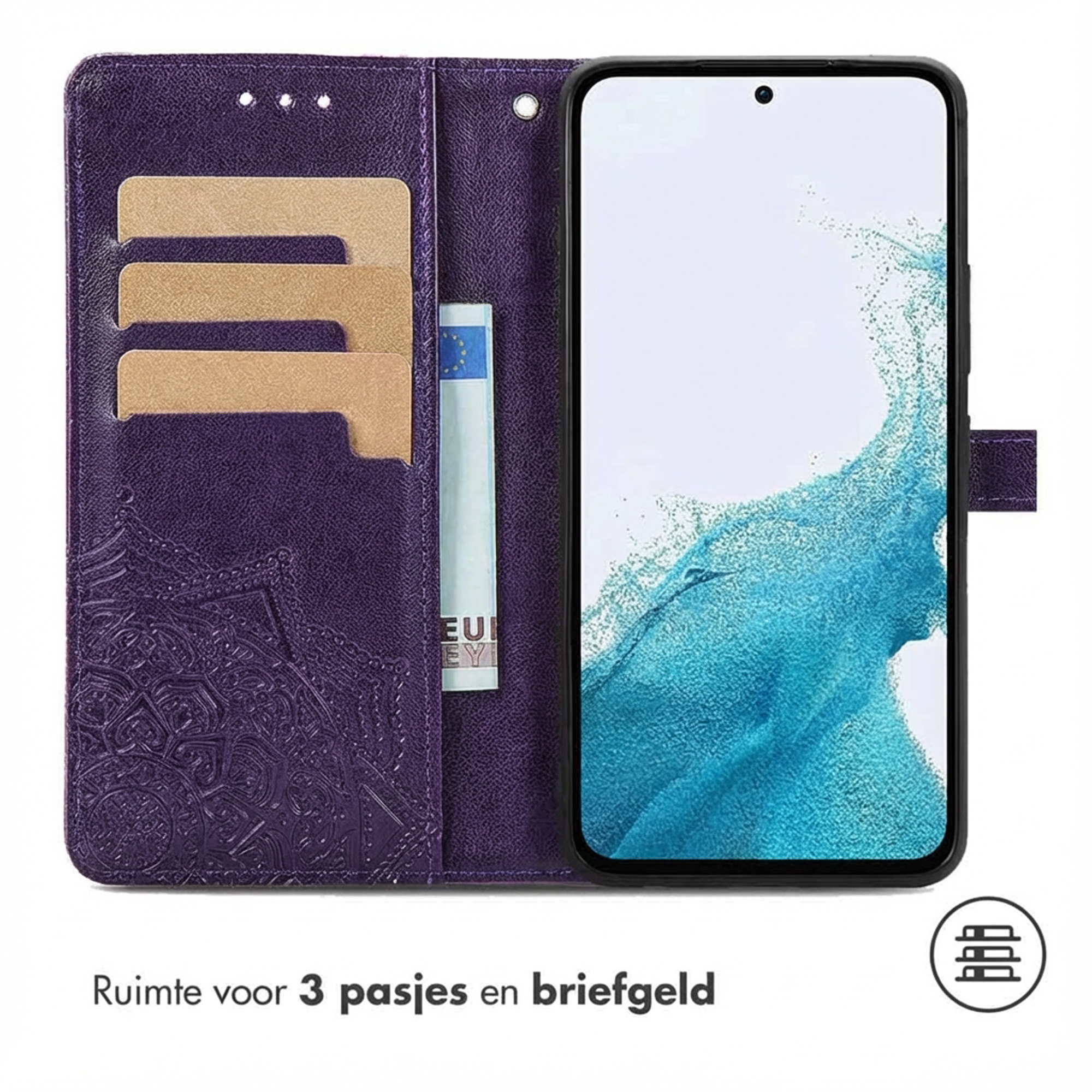 Étui violet pour téléphone avec fentes pour cartes et poche à billets.