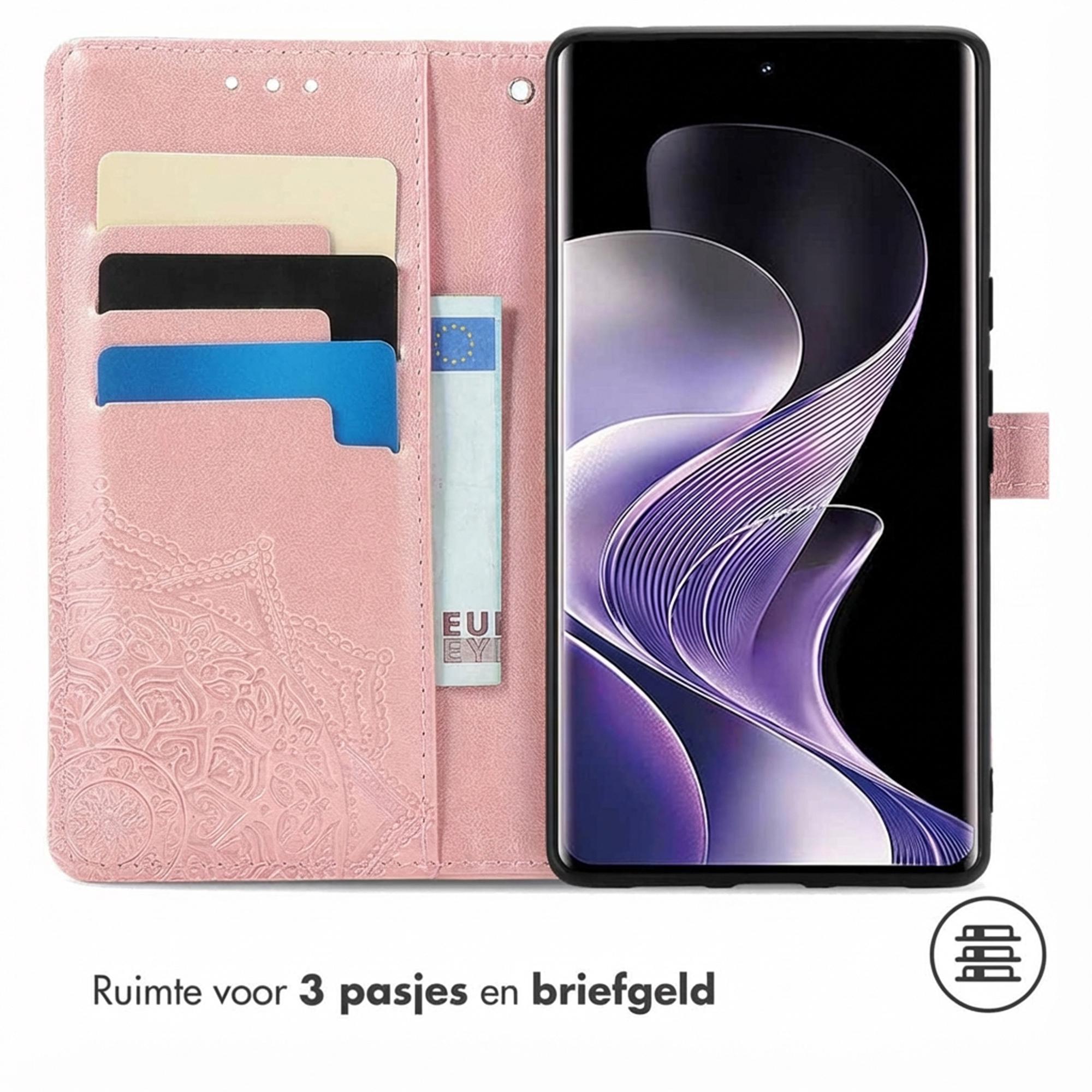 Roze telefoonhoesje met kaartsleuven en mandala-reliëf. Een smartphone is geplaatst.