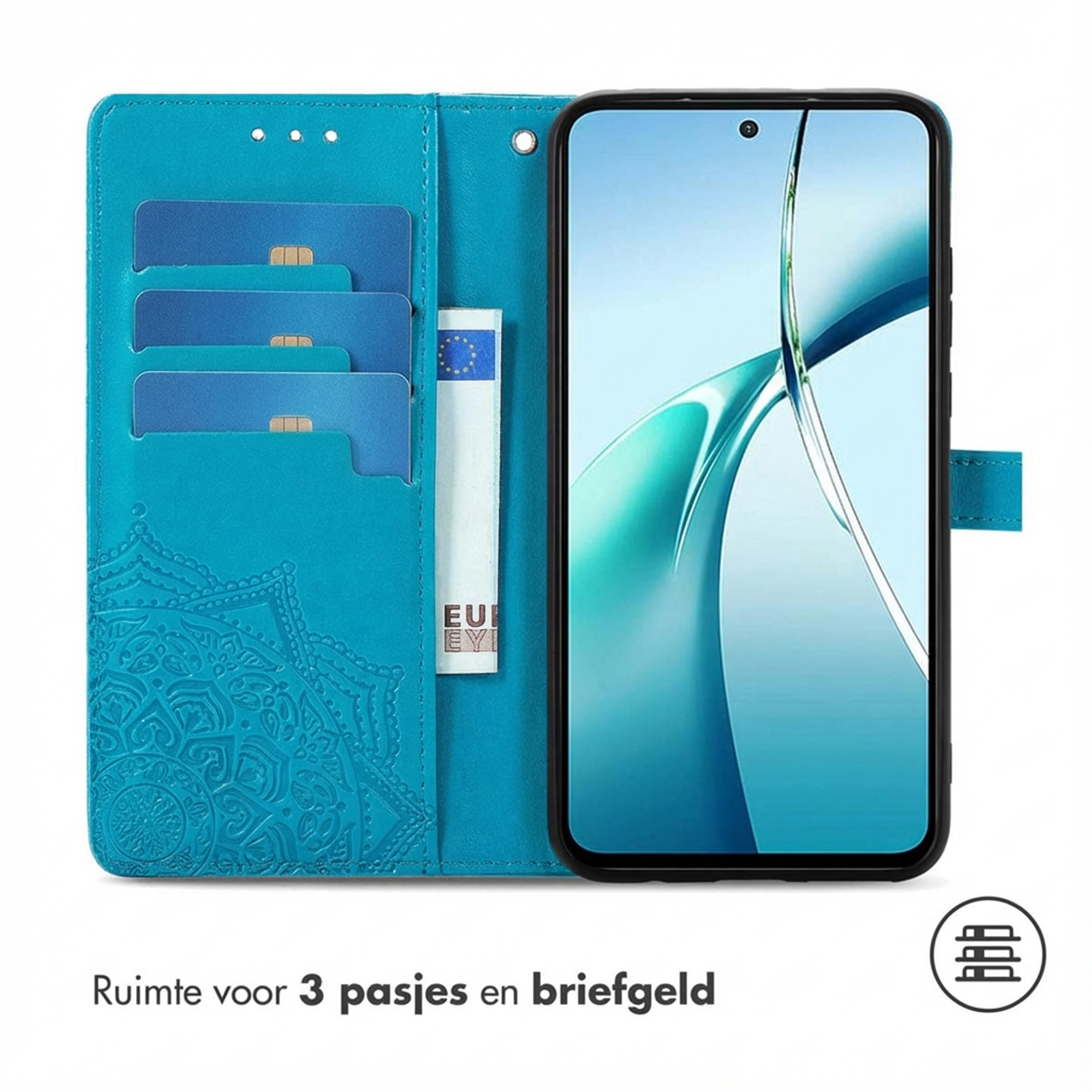 Coque de téléphone turquoise avec 3 fentes pour cartes et porte-billets.