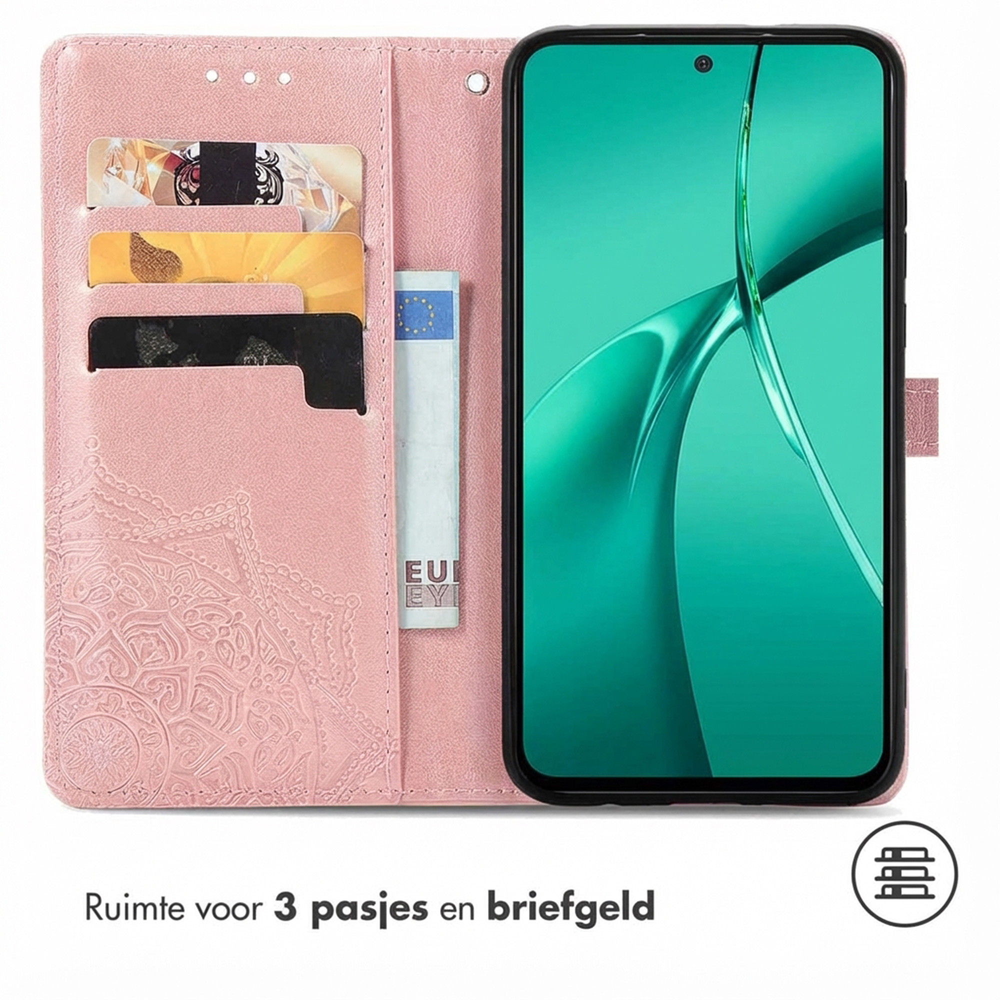 Roze telefoonhoesje met kaarthouders en telefoon. Mandala-patroon op hoesje.