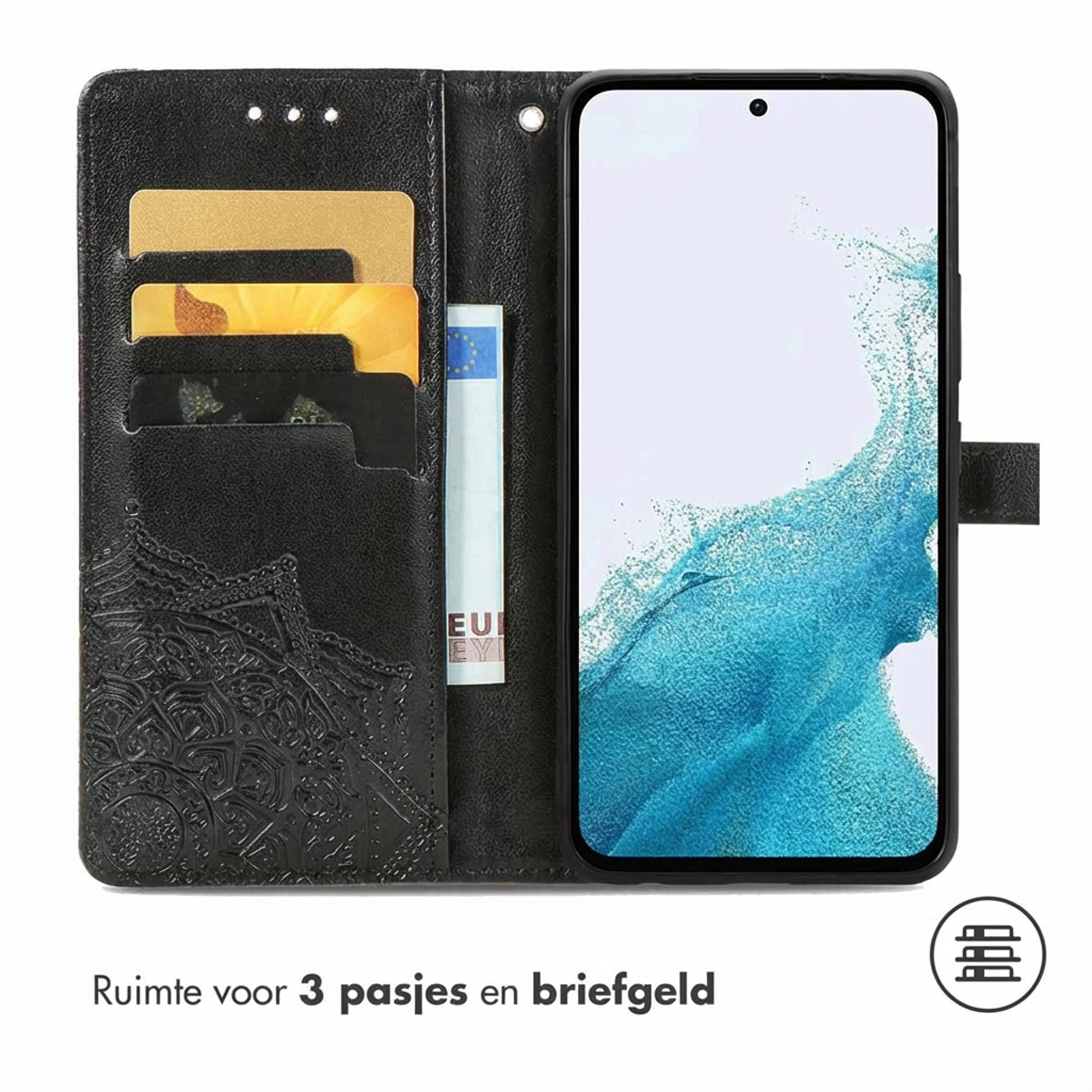 Coque de téléphone noire avec fentes pour cartes et un billet.