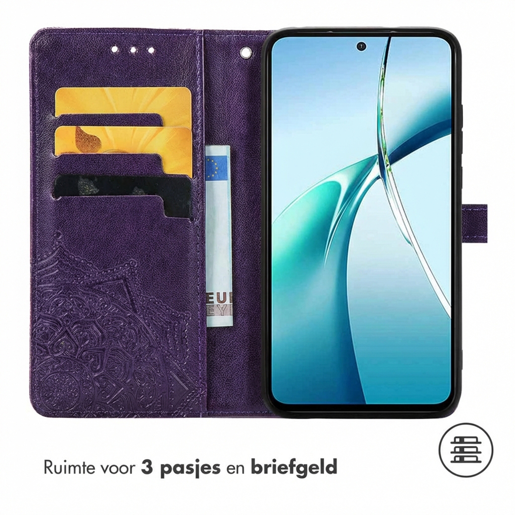 Paarse telefoonhoes met kaartsleuven en geldvak.