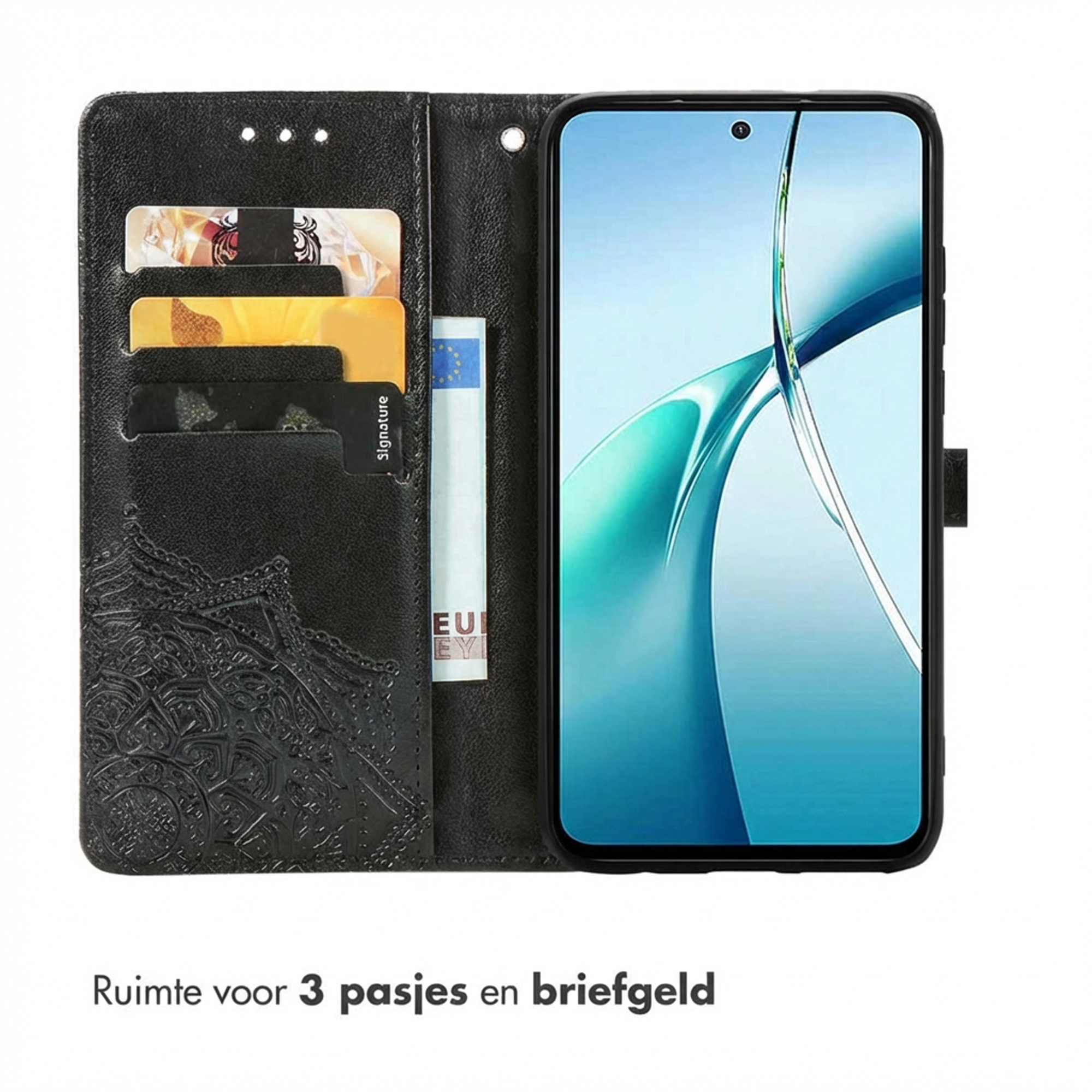 Étui portefeuille noir pour téléphone avec fentes pour cartes et billet UE.