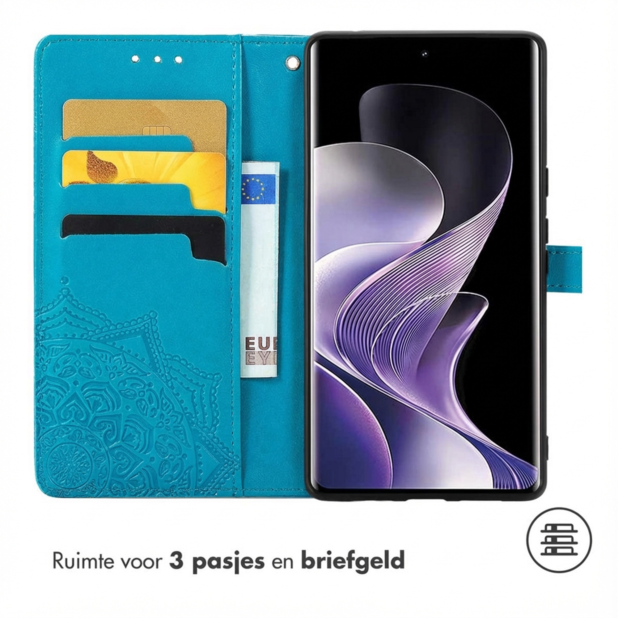 Turquoise telefoonhoes met kaarthouders en smartphone met paars ontwerp.