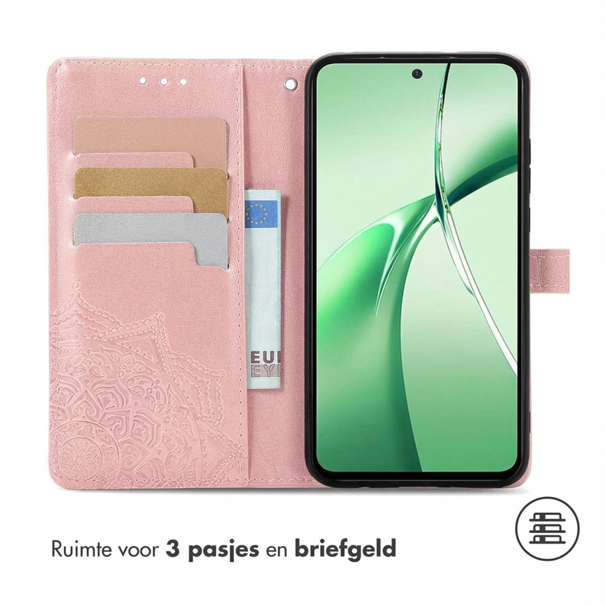 Étui rose pour téléphone avec fentes pour cartes et compartiment à billets. Écran affiche graphique vert.