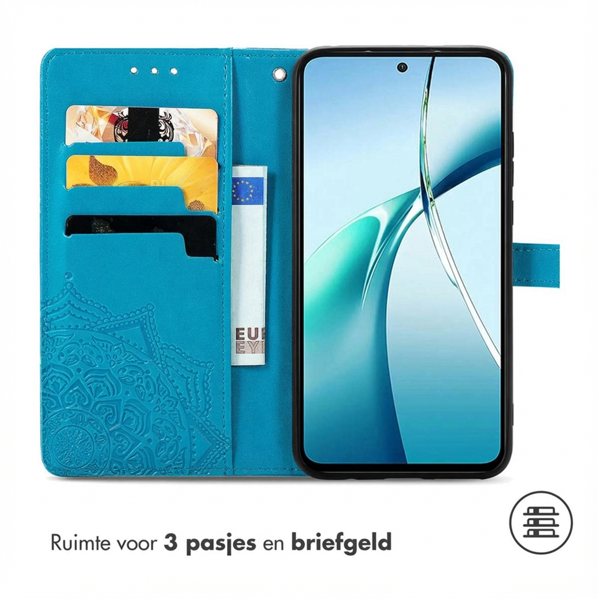 Blauw telefoon flipcase met kaartsleuven en bankbiljet. Mandala patroon.