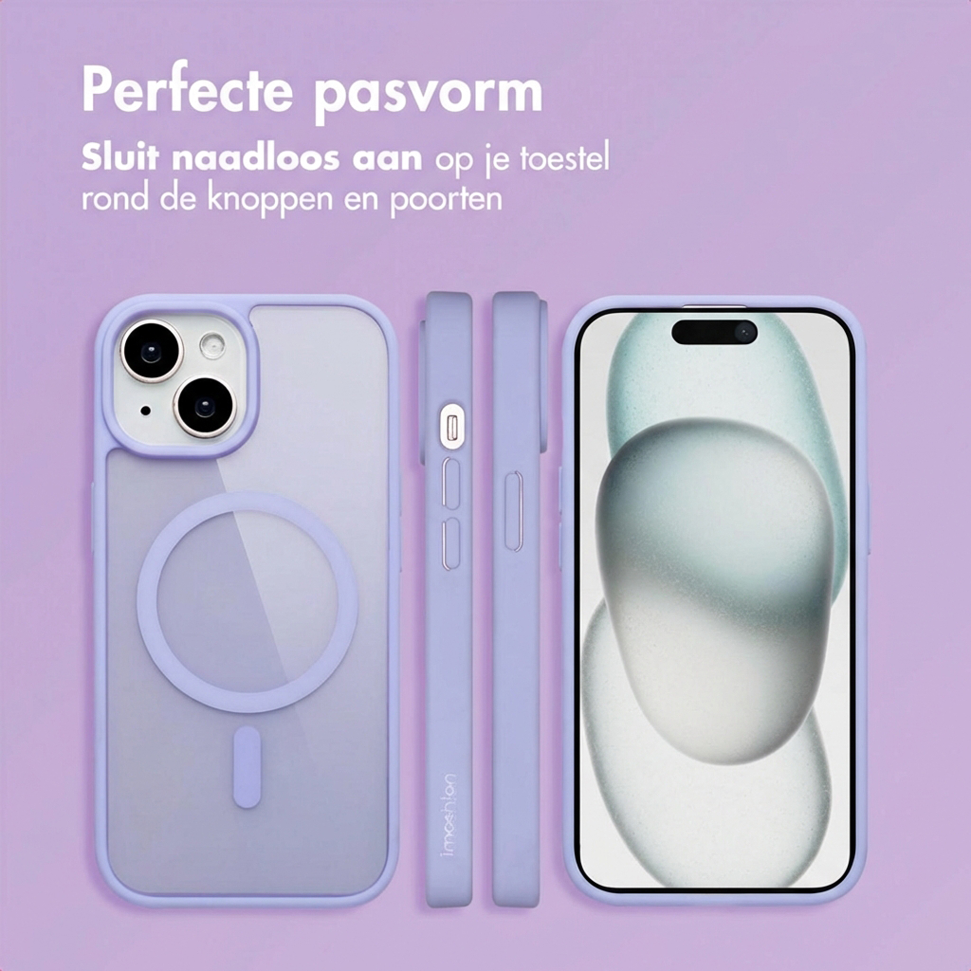 A purple phone case set: back, side view, and front of the phone.