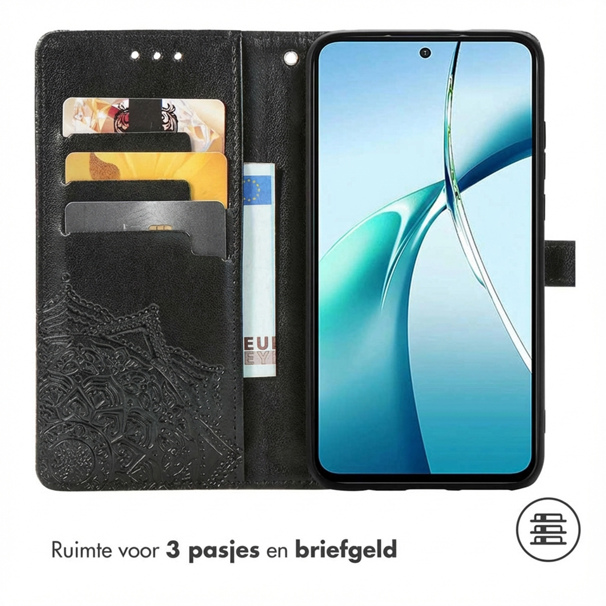 Zwarte telefoonhoes met kaartsleuven en mandala-reliëf. Toont een telefoon.