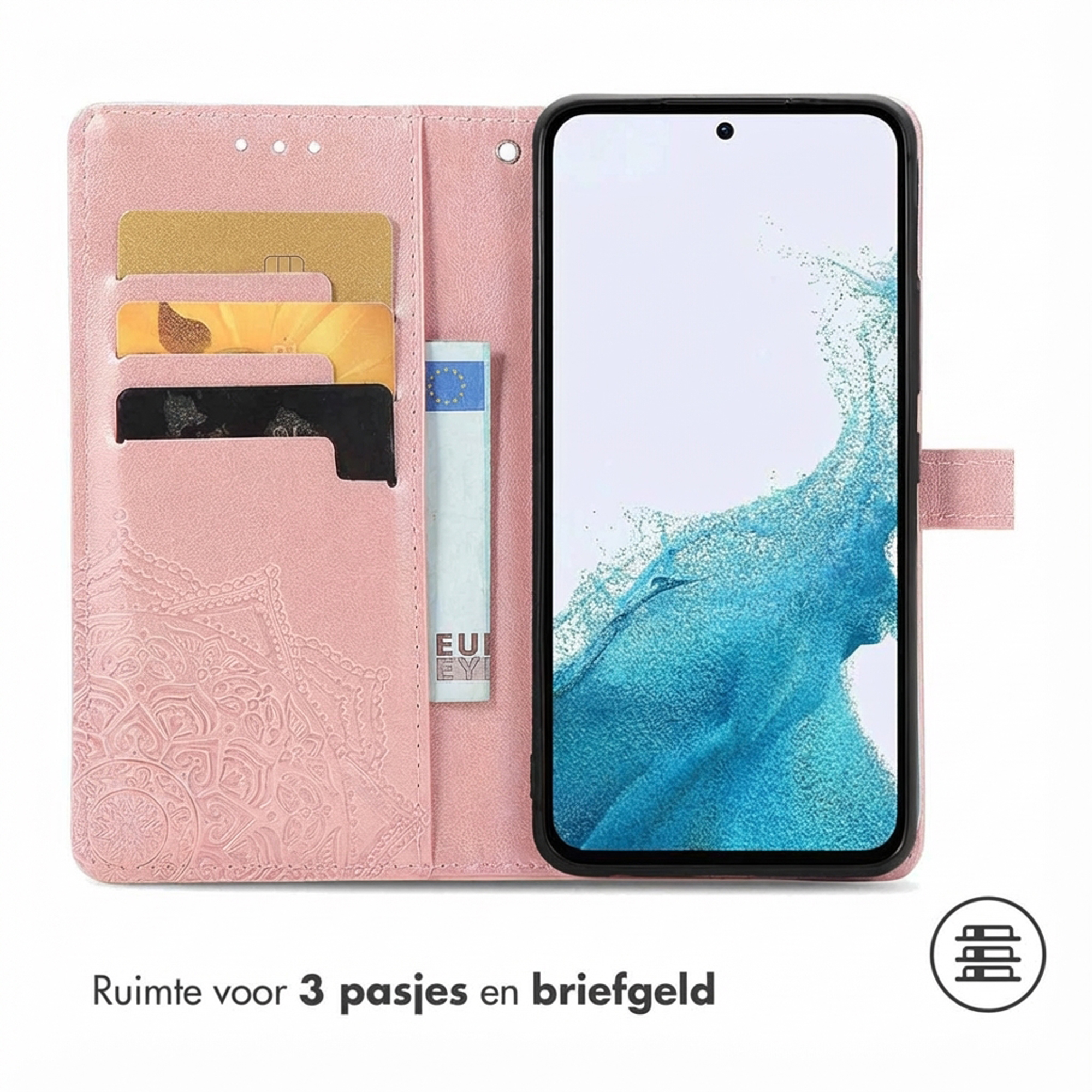 Een roze telefoonportemonneehoes met 3 kaartsleuven en een vakje.
