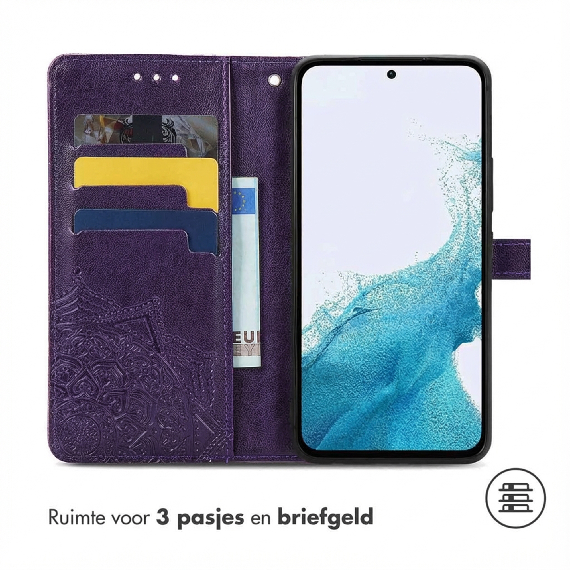 Paarse telefoonhoes met kaarthouders en telefoon.