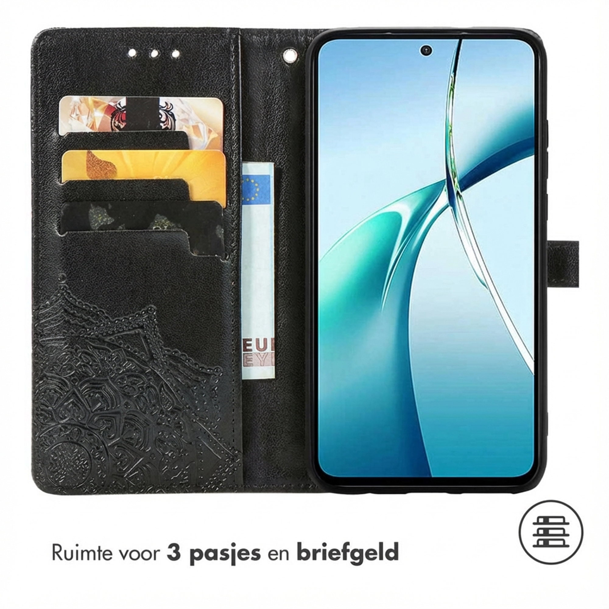 Zwarte portemonneehoes met kaartsleuven en telefoon.