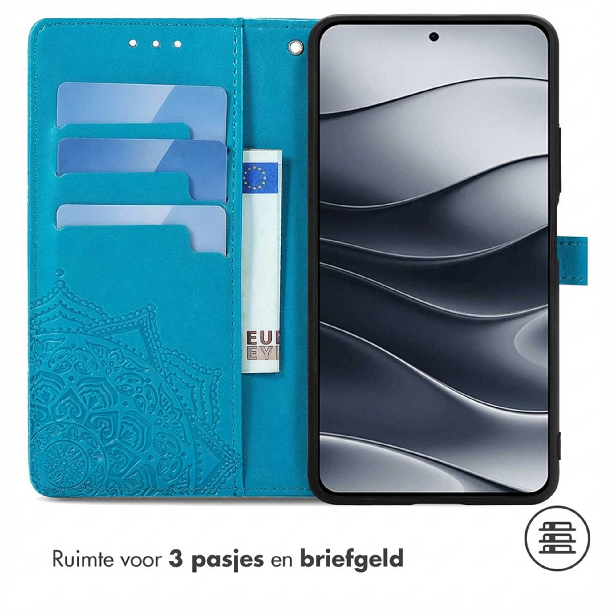 Een blauwe portemonnee telefoonhoes met kaartsleuven, bankbiljet en mandala-reliëf.