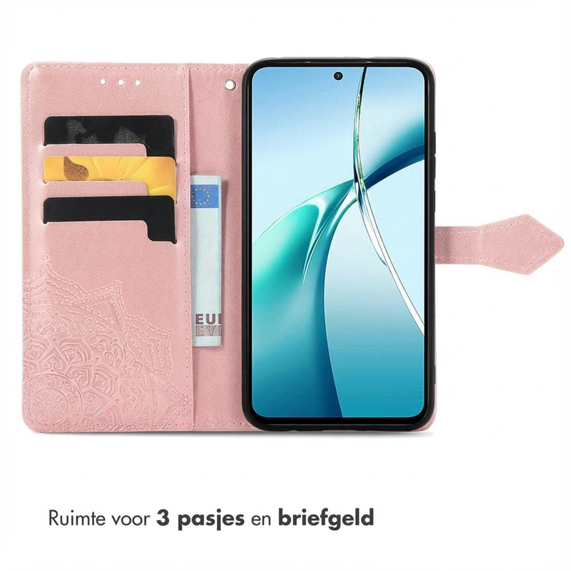 Una custodia rosa per telefono con slot per carte e un telefono con schermo blu.