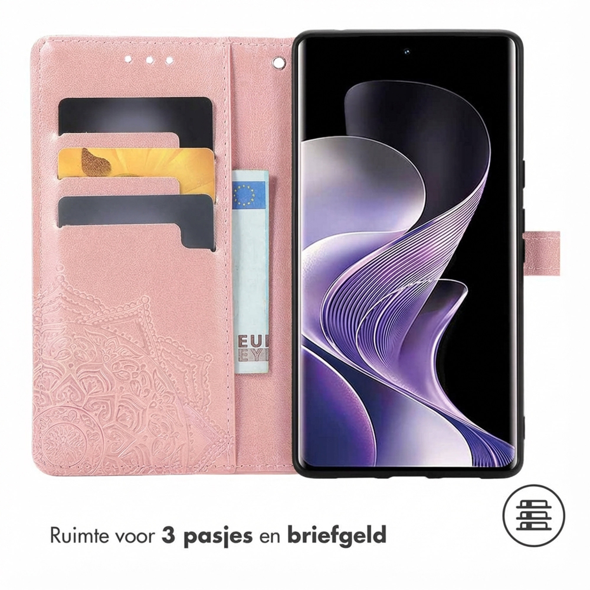 Een roze telefoonhoes met kaarthouders en een telefoon met paars patroon.