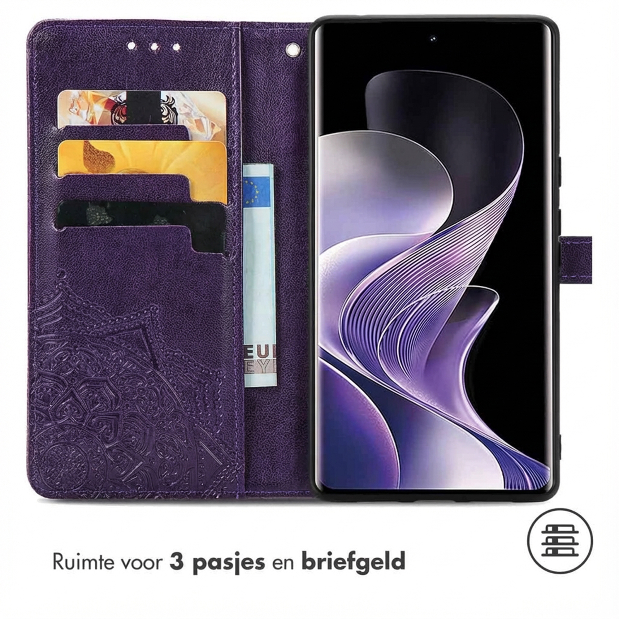 Paarse telefoonhoes met kaarthouders en smartphone met paars ontwerp.