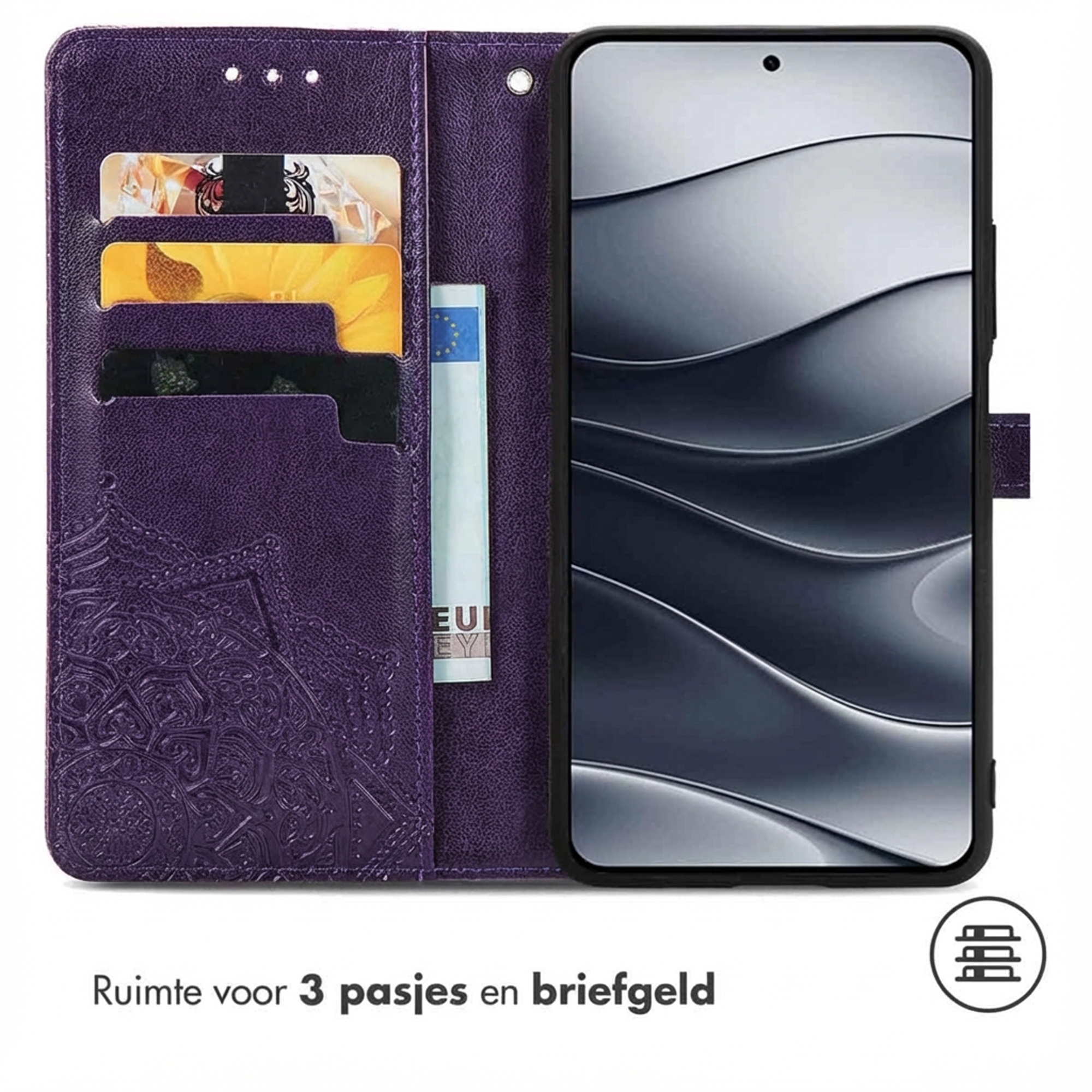 Paarse telefoonhoes met kaartsleuven en geldvak. Een telefoon is geplaatst.