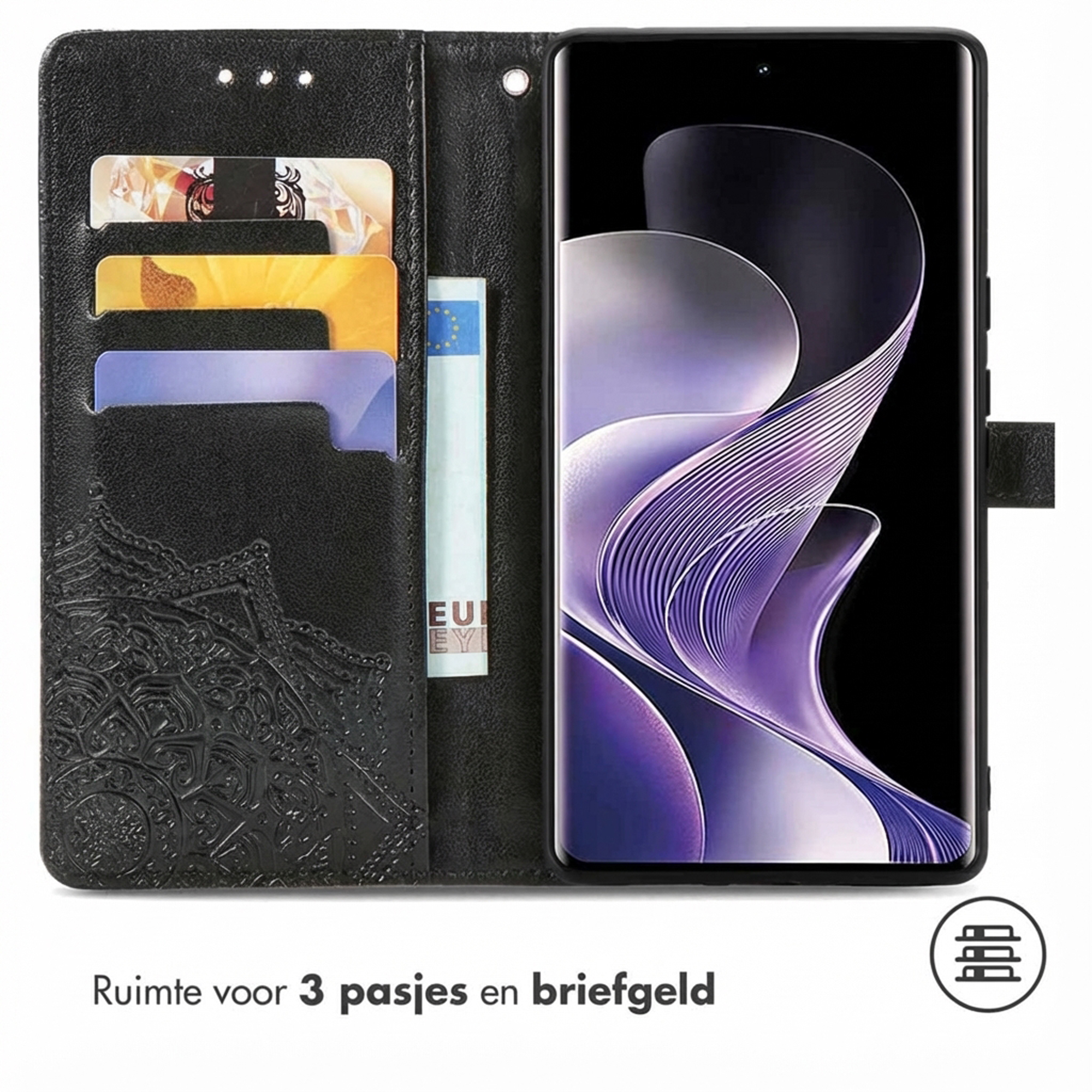 Zwarte telefoonhoes met kaartsleuven en geldvak, met smartphone.