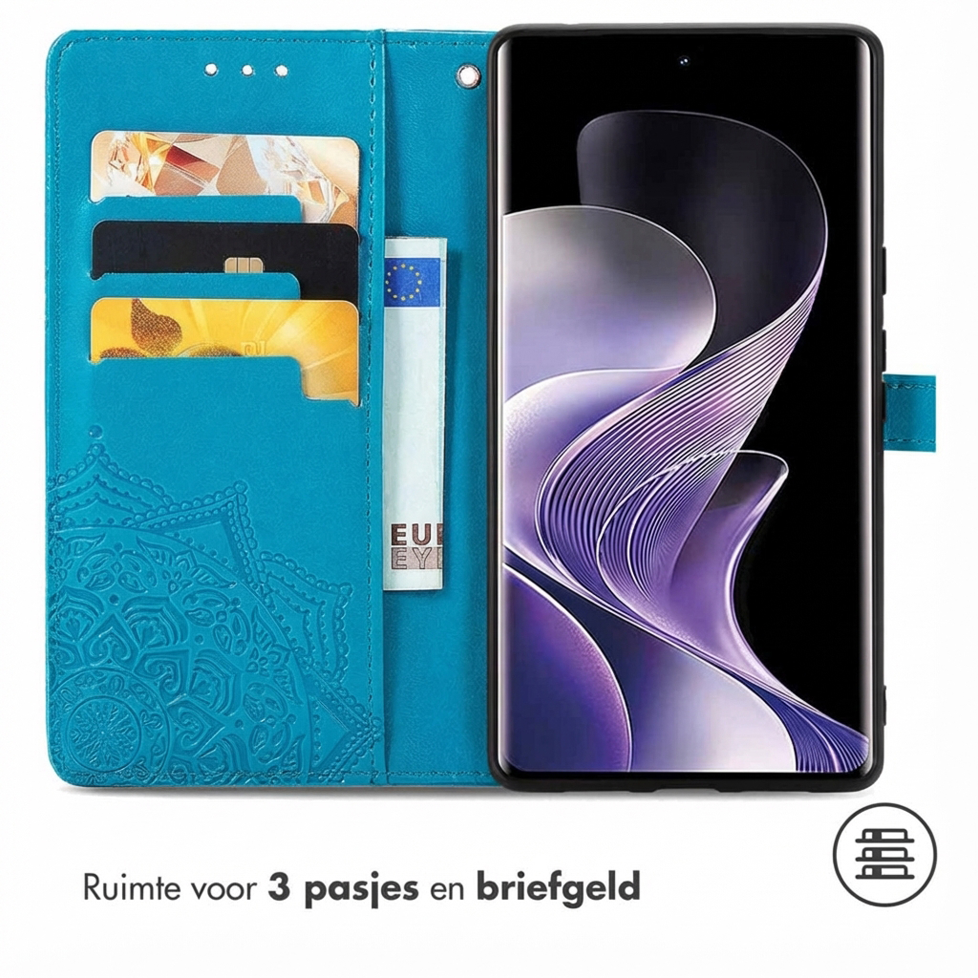 Blauw telefoonhoesje met kaarthouders en telefoon. Mandala-reliëf.