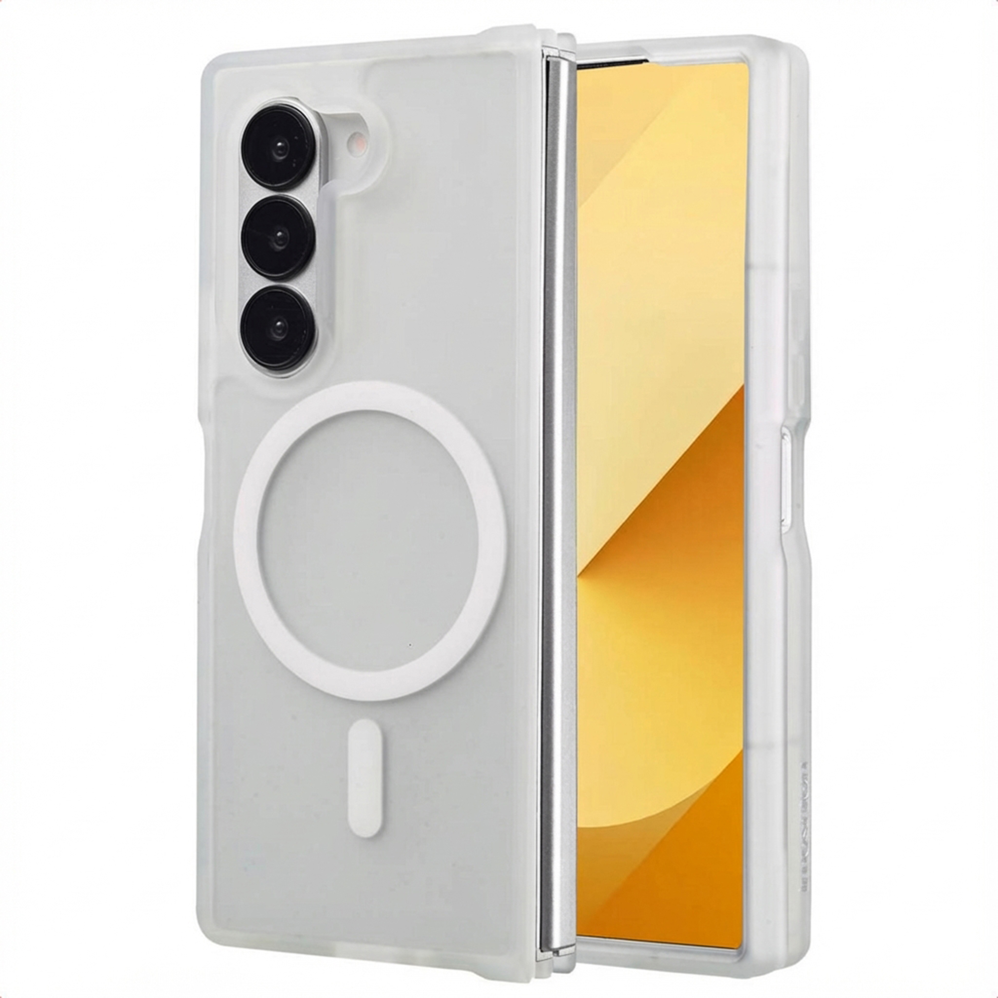 Een opvouwbare telefoon in een doorzichtige hoes met drie camera's en magneetring.